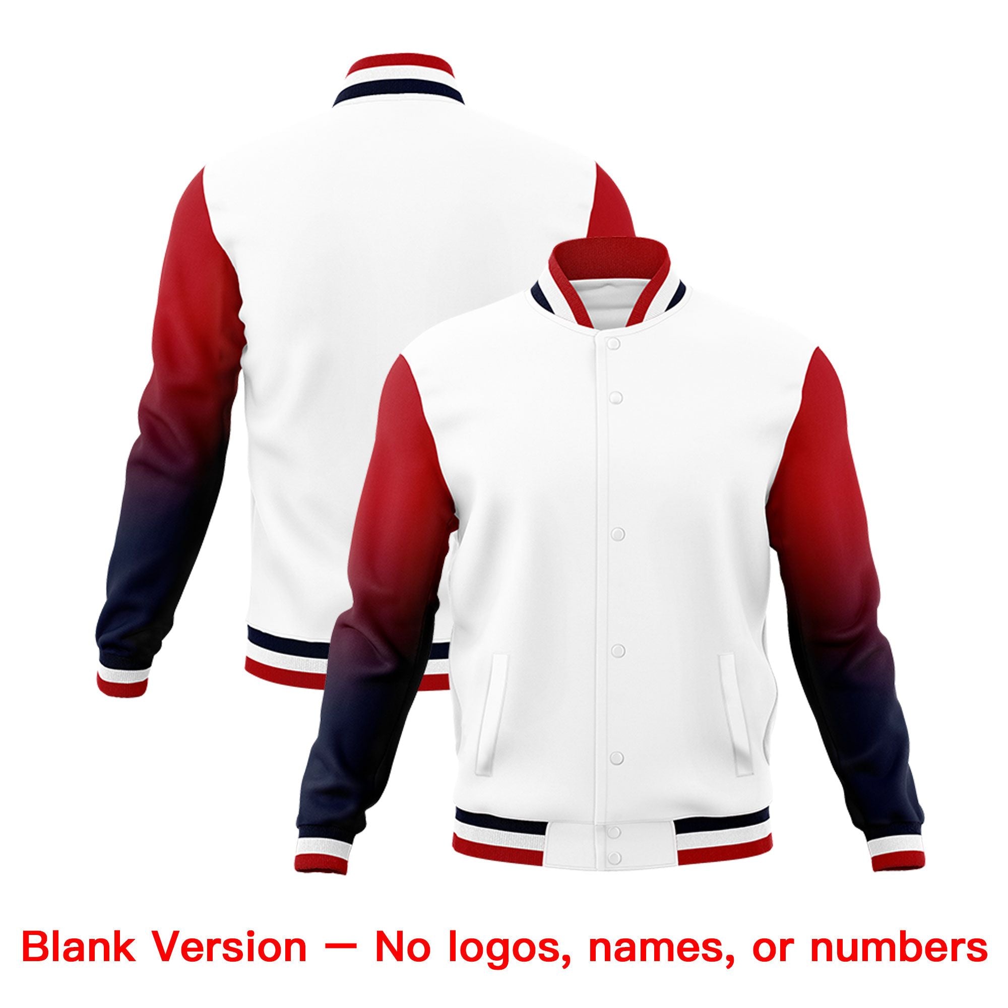 Custom White Navy Red Full-Snap Varsity Raglan Sleeves Gradient Letterman Jacket