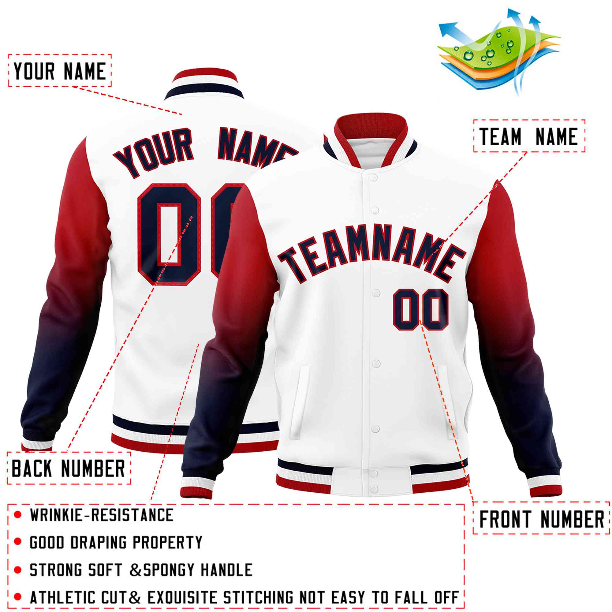 Custom White Navy Red Full-Snap Varsity Raglan Sleeves Gradient Letterman Jacket