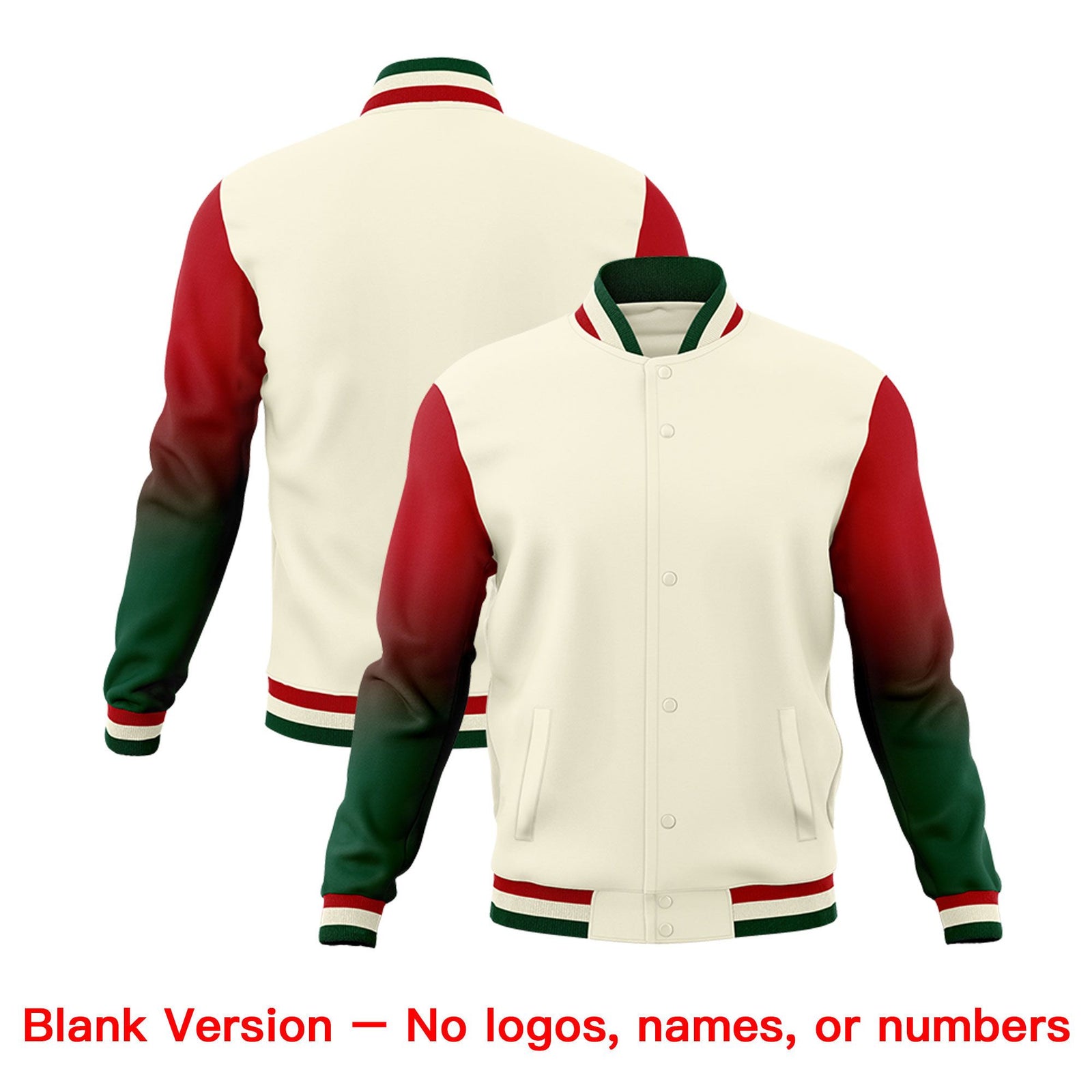 Custom Cream Green Red Full-Snap Varsity Raglan Sleeves Gradient Letterman Jacket