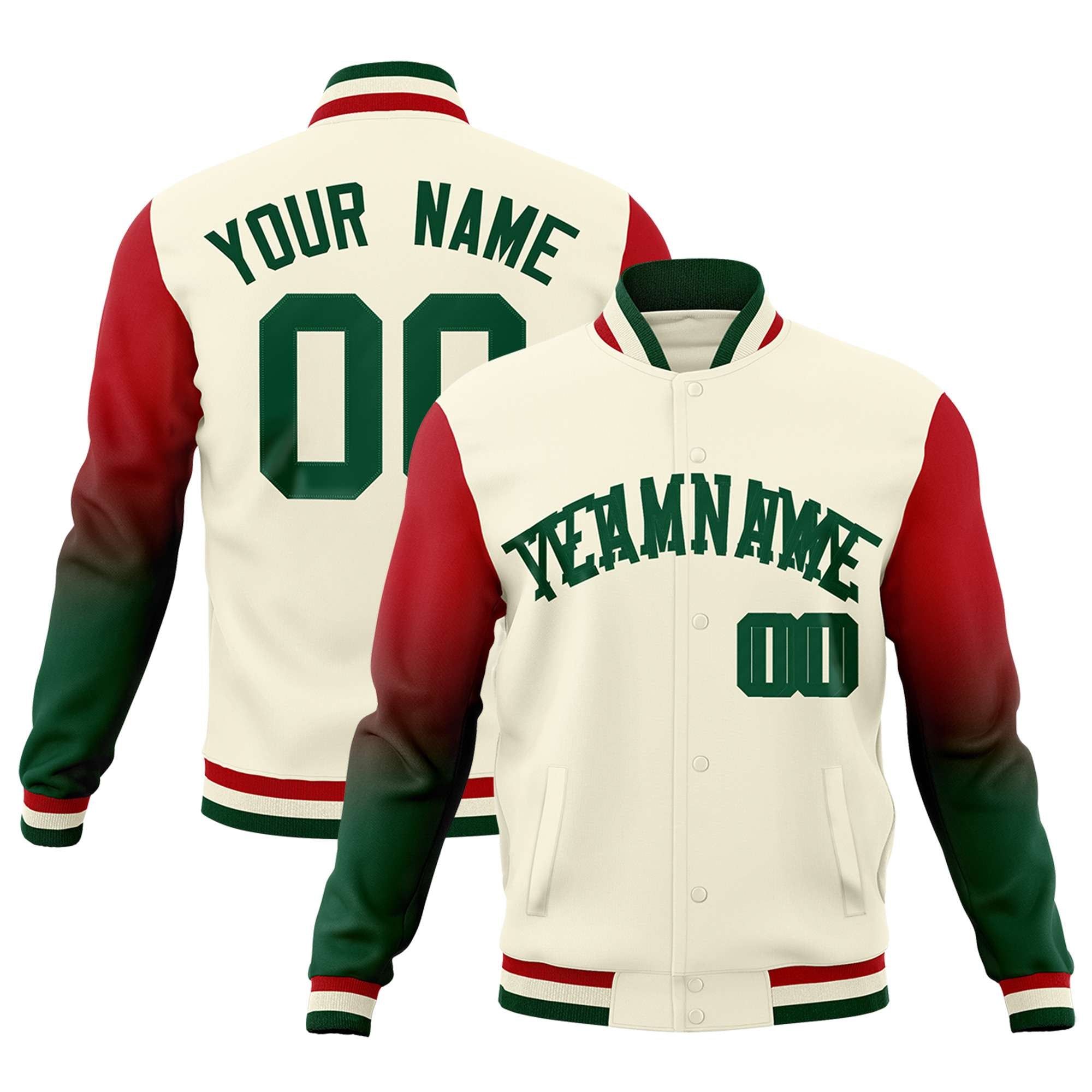 Custom Cream Green Red Full-Snap Varsity Raglan Sleeves Gradient Letterman Jacket