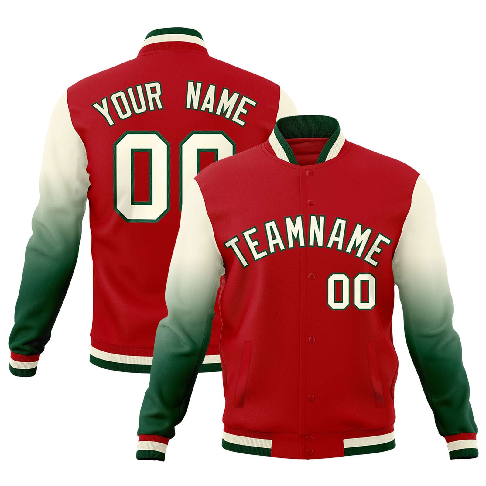 Custom Red Cream Green Full-Snap Varsity Raglan Sleeves Gradient Letterman Jacket