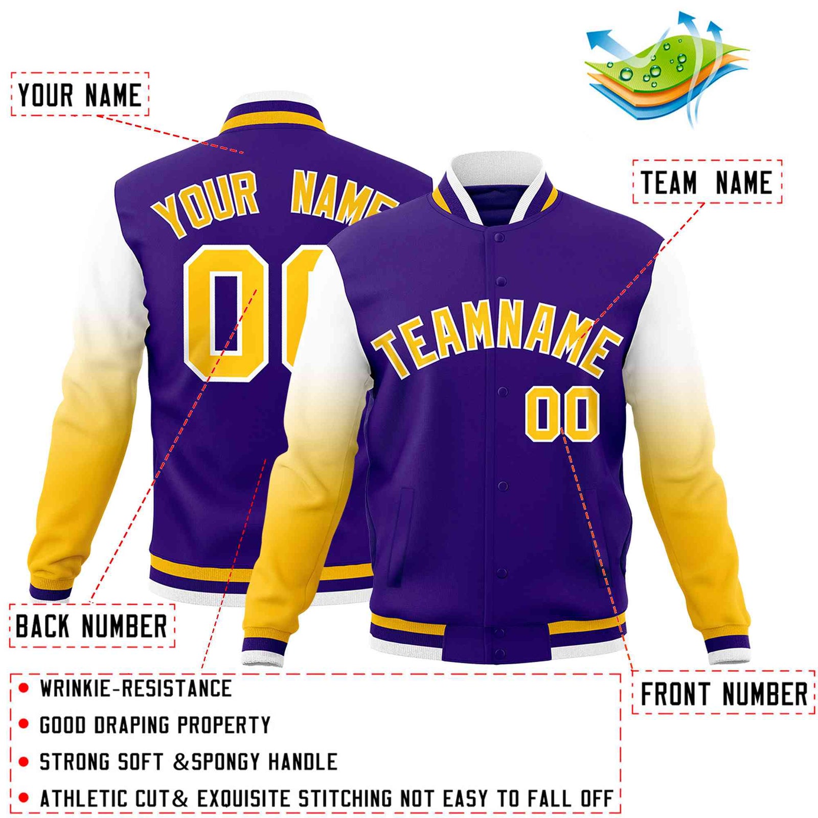 Custom Purple Gold White Full-Snap Varsity Raglan Sleeves Gradient Letterman Jacket