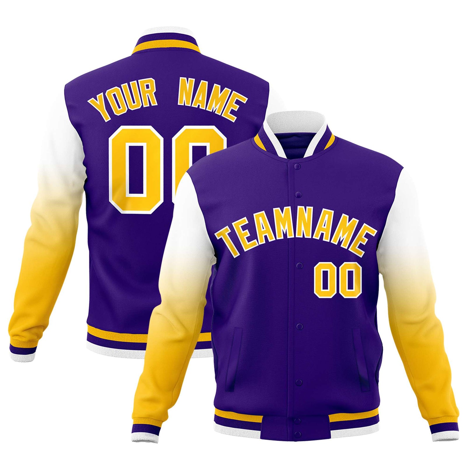 Custom Purple Gold White Full-Snap Varsity Raglan Sleeves Gradient Letterman Jacket