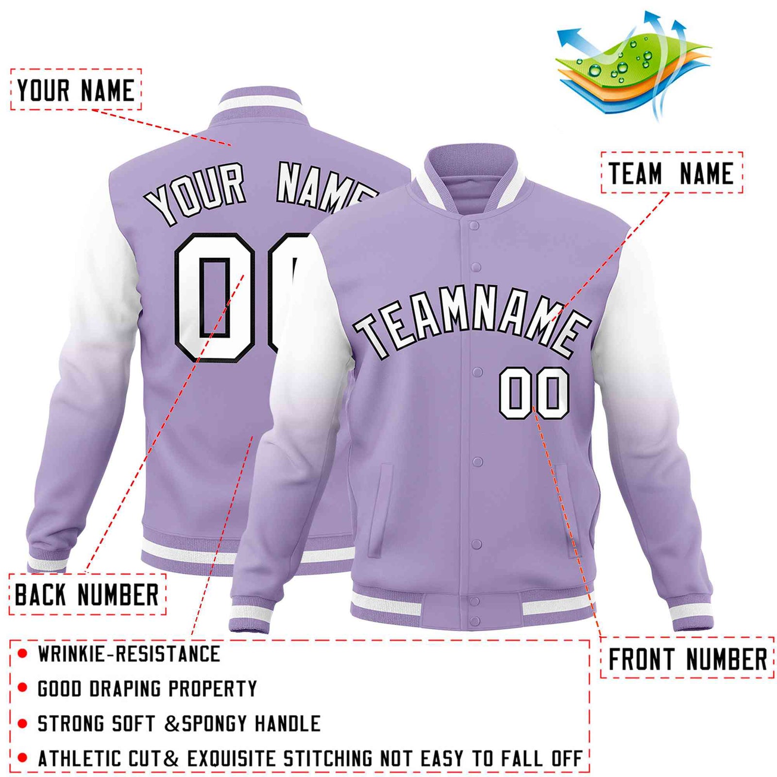 Custom Light Purple White Black Full-Snap Varsity Raglan Sleeves Gradient Letterman Jacket