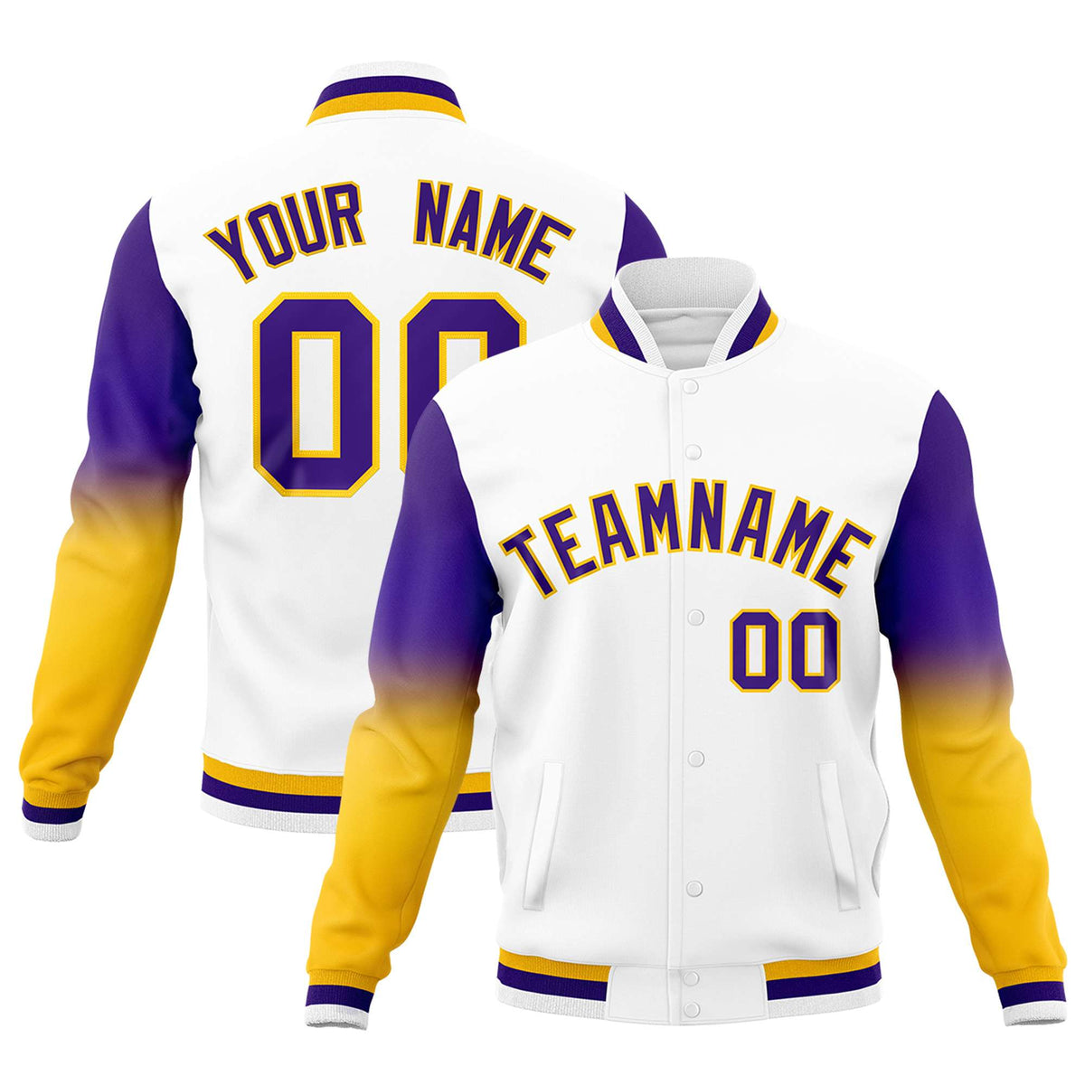 Custom White Purple Gold Full-Snap Varsity Raglan Sleeves Gradient Letterman Jacket