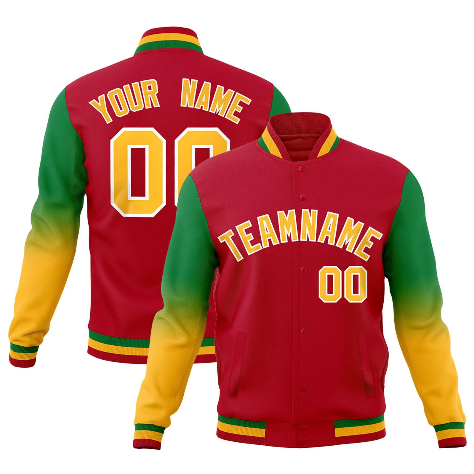 Custom Red Gold White Full-Snap Varsity Raglan Sleeves Gradient Letterman Jacket