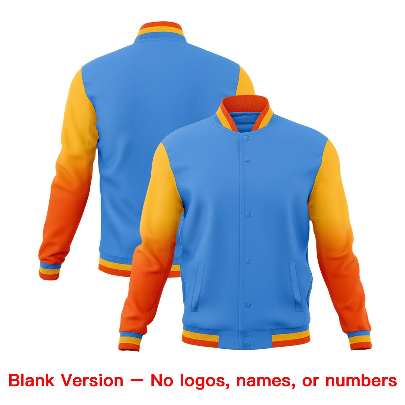 Custom Powder Blue Orange White Full-Snap Varsity Raglan Sleeves Gradient Letterman Jacket