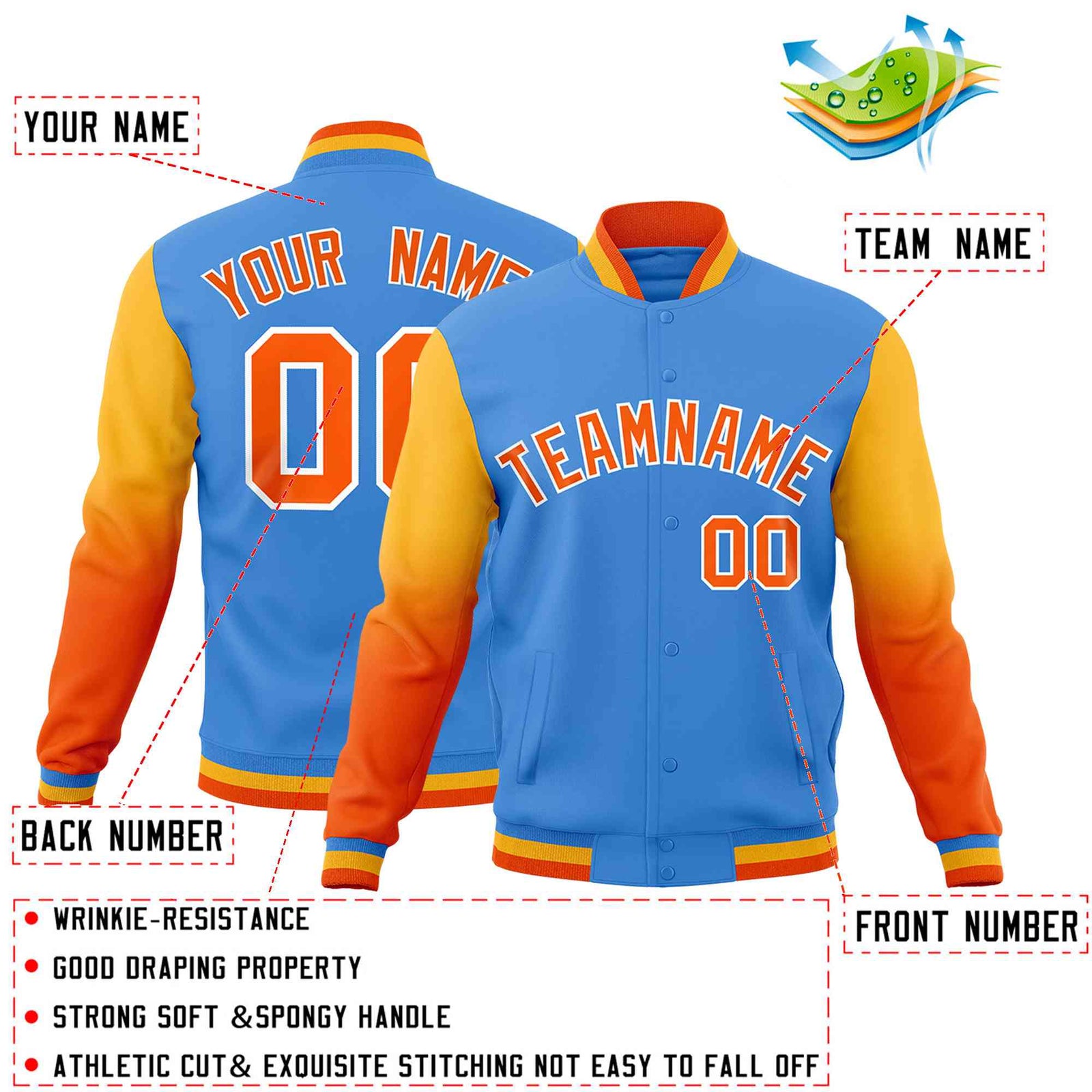 Custom Powder Blue Orange White Full-Snap Varsity Raglan Sleeves Gradient Letterman Jacket