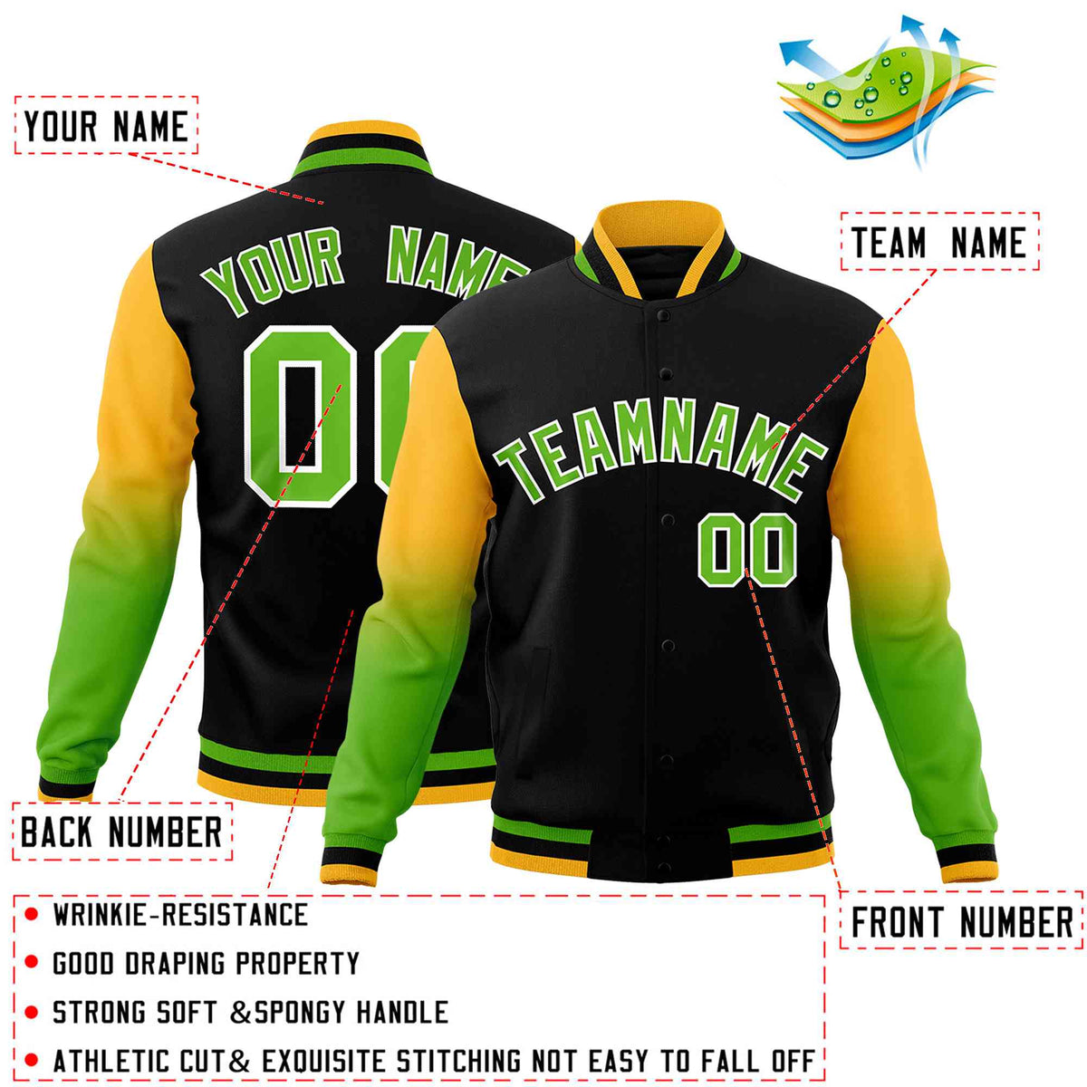 Custom Black Green White Full-Snap Varsity Raglan Sleeves Gradient Letterman Jacket