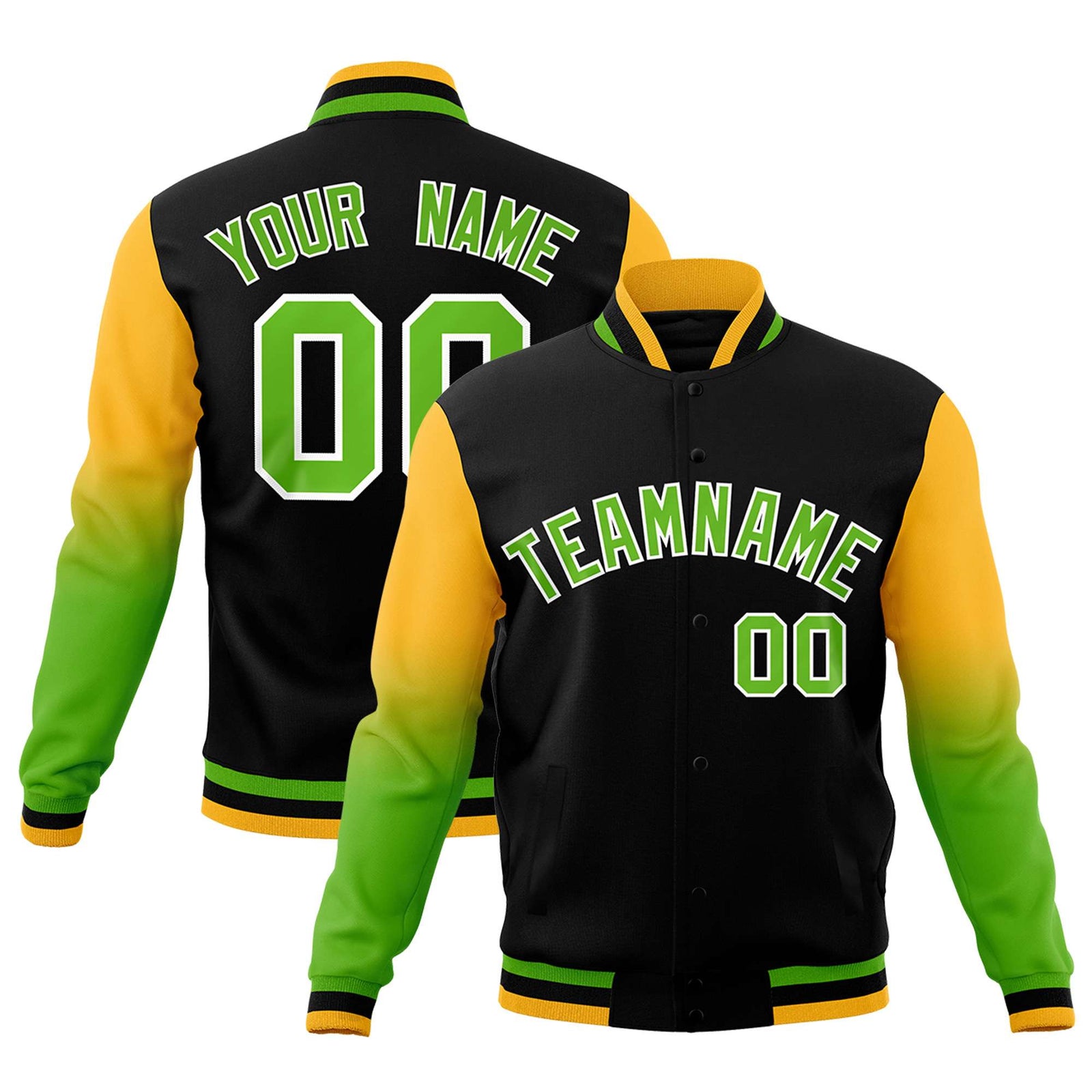 Custom Black Green White Full-Snap Varsity Raglan Sleeves Gradient Letterman Jacket