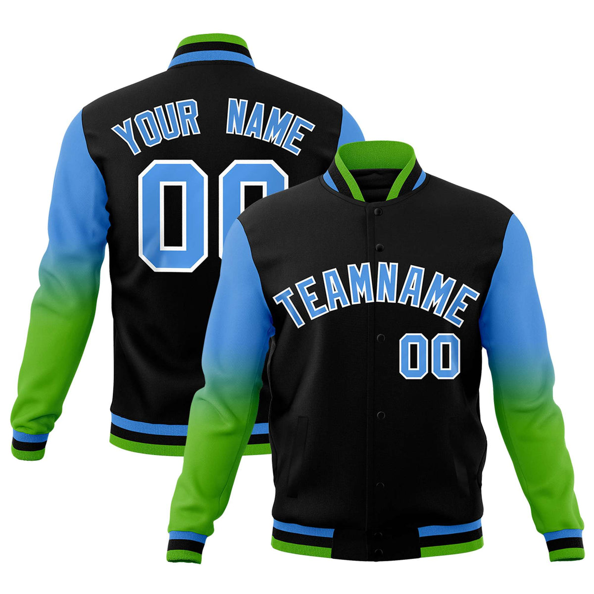 Custom Black Powder Blue White Full-Snap Varsity Raglan Sleeves Gradient Letterman Jacket