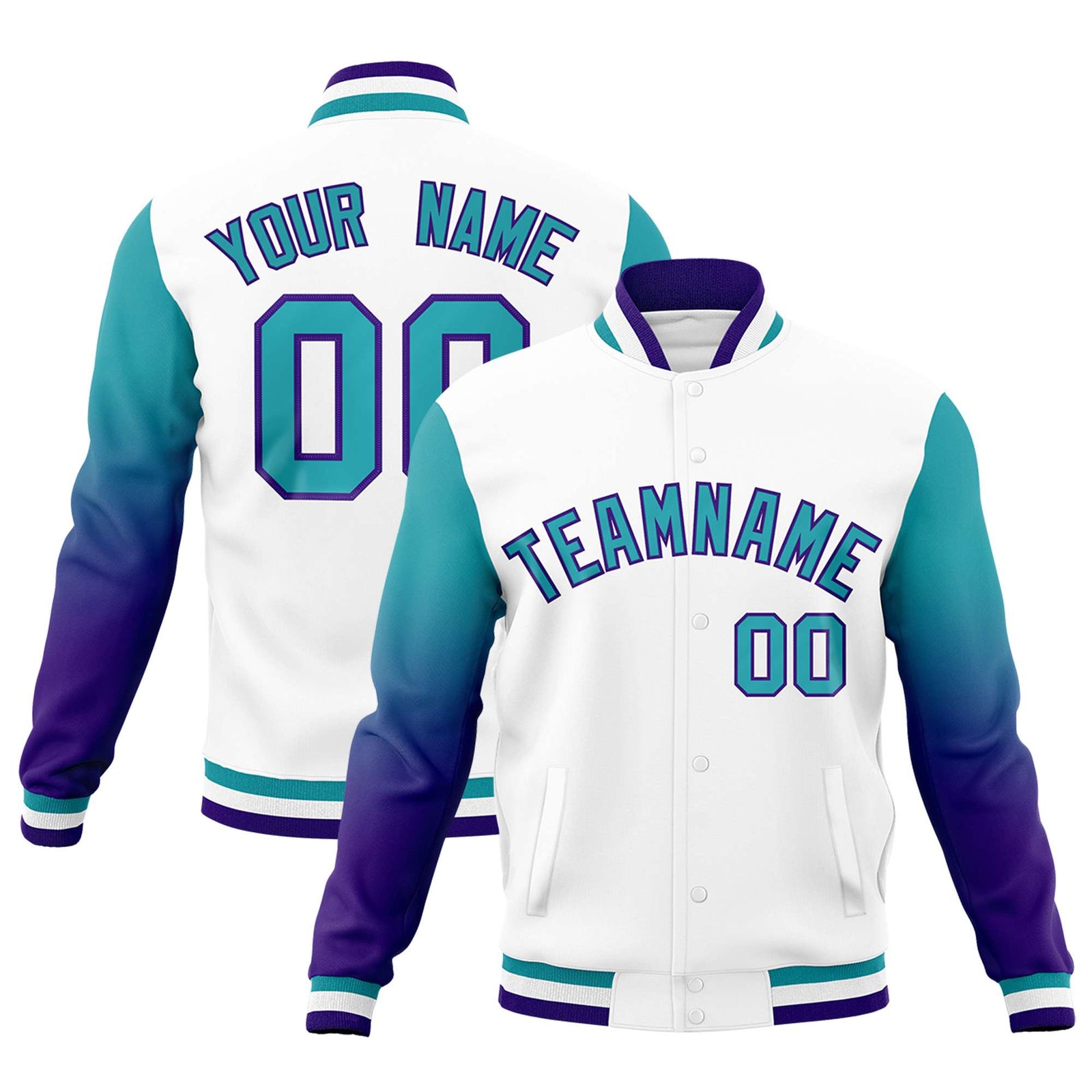 Custom White Aqua Purple Full-Snap Varsity Raglan Sleeves Gradient Letterman Jacket