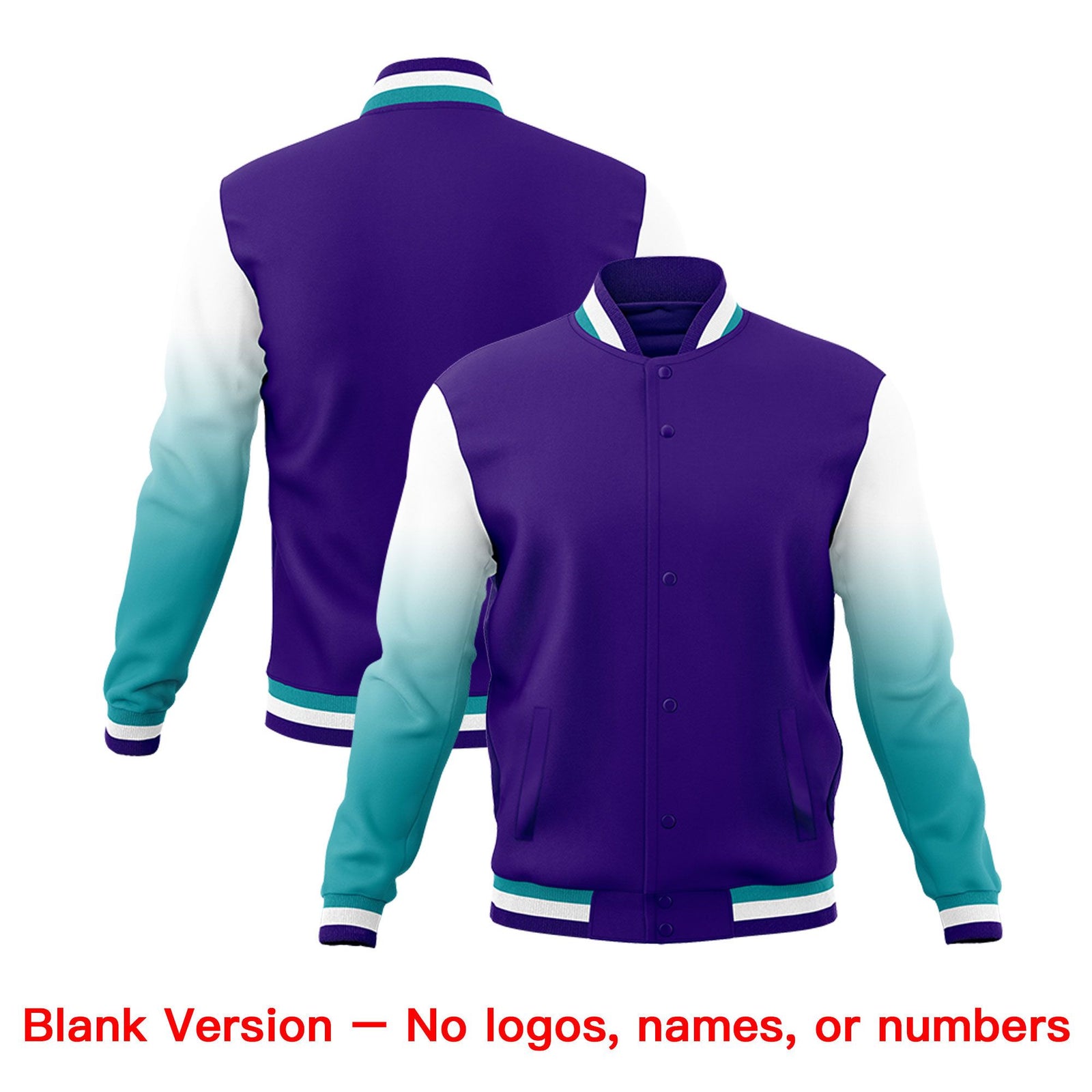 Custom Purple Aqua White Full-Snap Varsity Raglan Sleeves Gradient Letterman Jacket