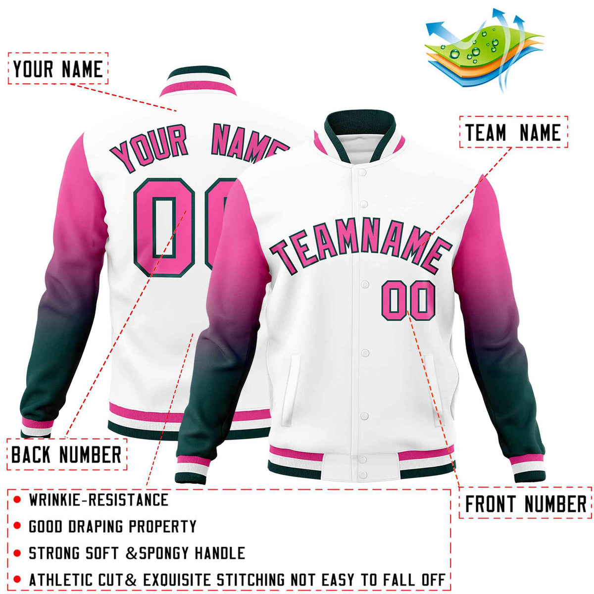 Custom White Pink Midnight Green Full-Snap Varsity Raglan Sleeves Gradient Letterman Jacket