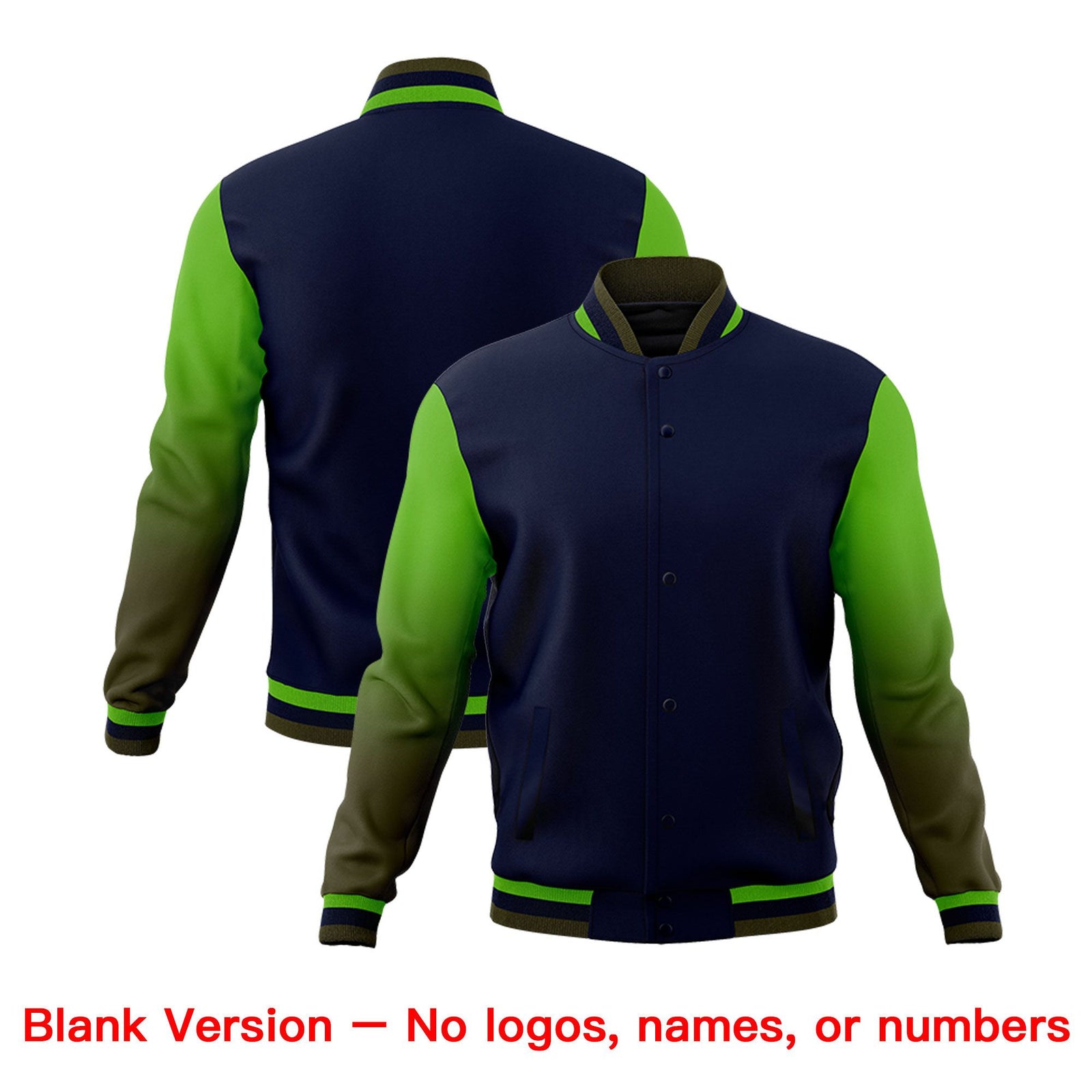 Custom Navy Green Olive Full-Snap Varsity Raglan Sleeves Gradient Letterman Jacket