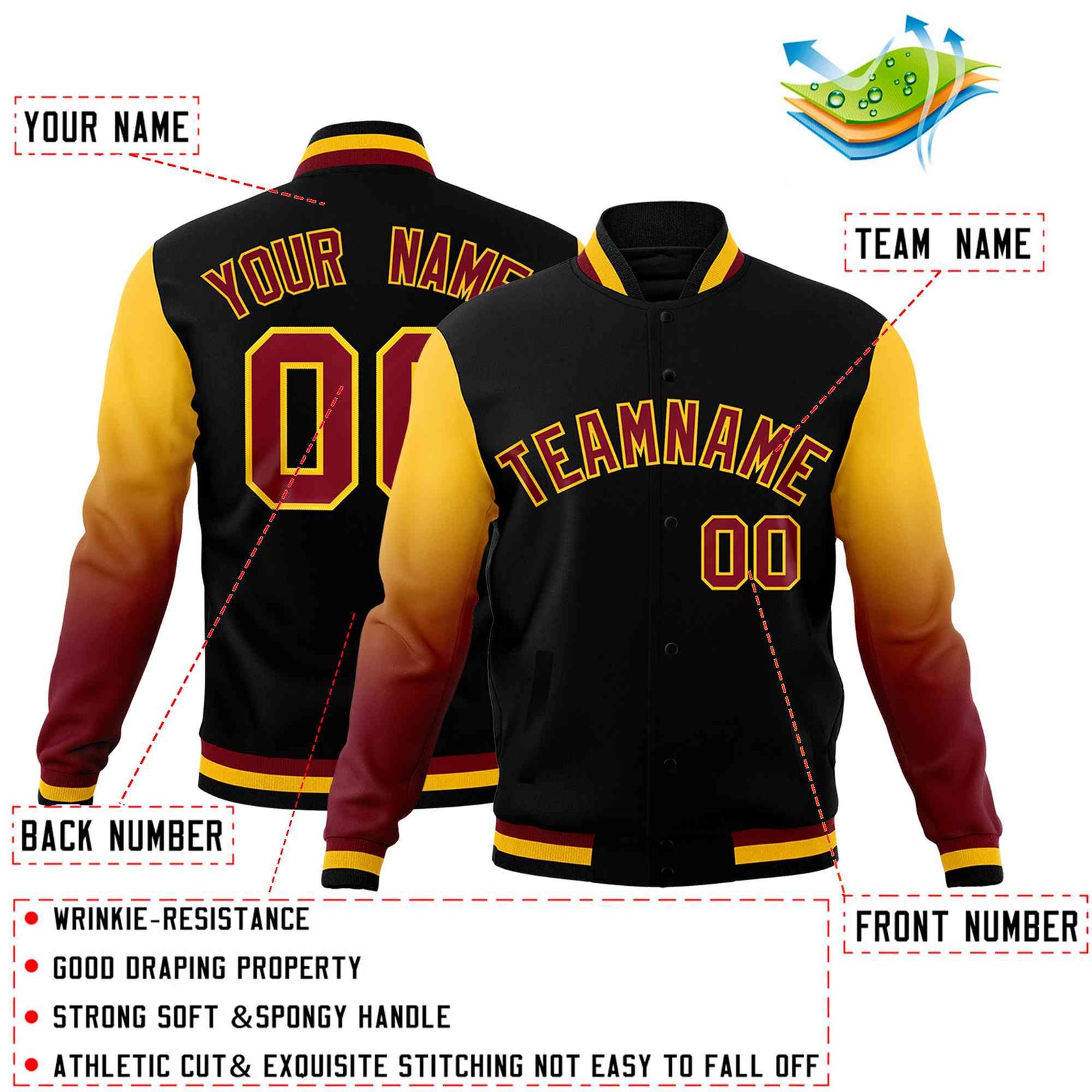 Custom Black Crimson Gold Full-Snap Varsity Raglan Sleeves Gradient Letterman Jacket