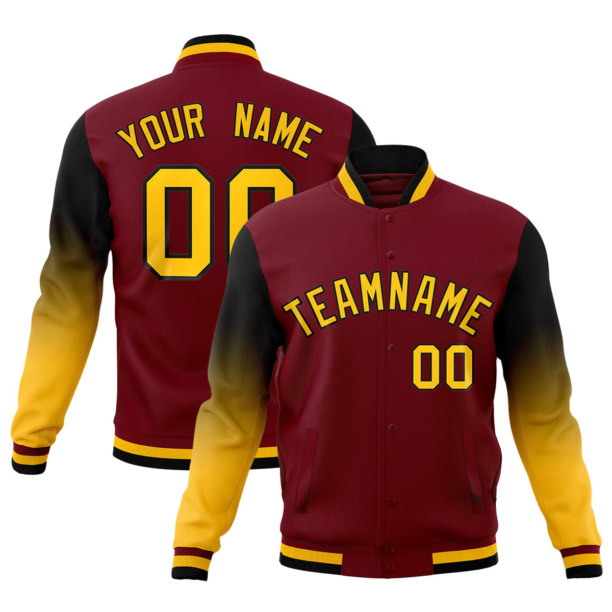 Custom Crimson Gold Black Full-Snap Varsity Raglan Sleeves Gradient Letterman Jacket