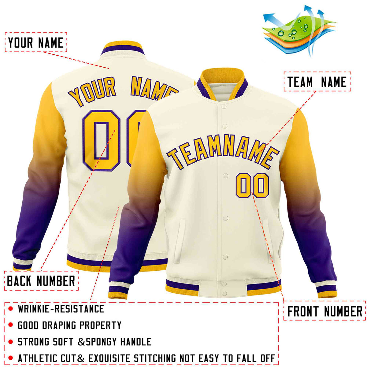 Custom Cream Gold Purple Full-Snap Varsity Raglan Sleeves Gradient Letterman Jacket