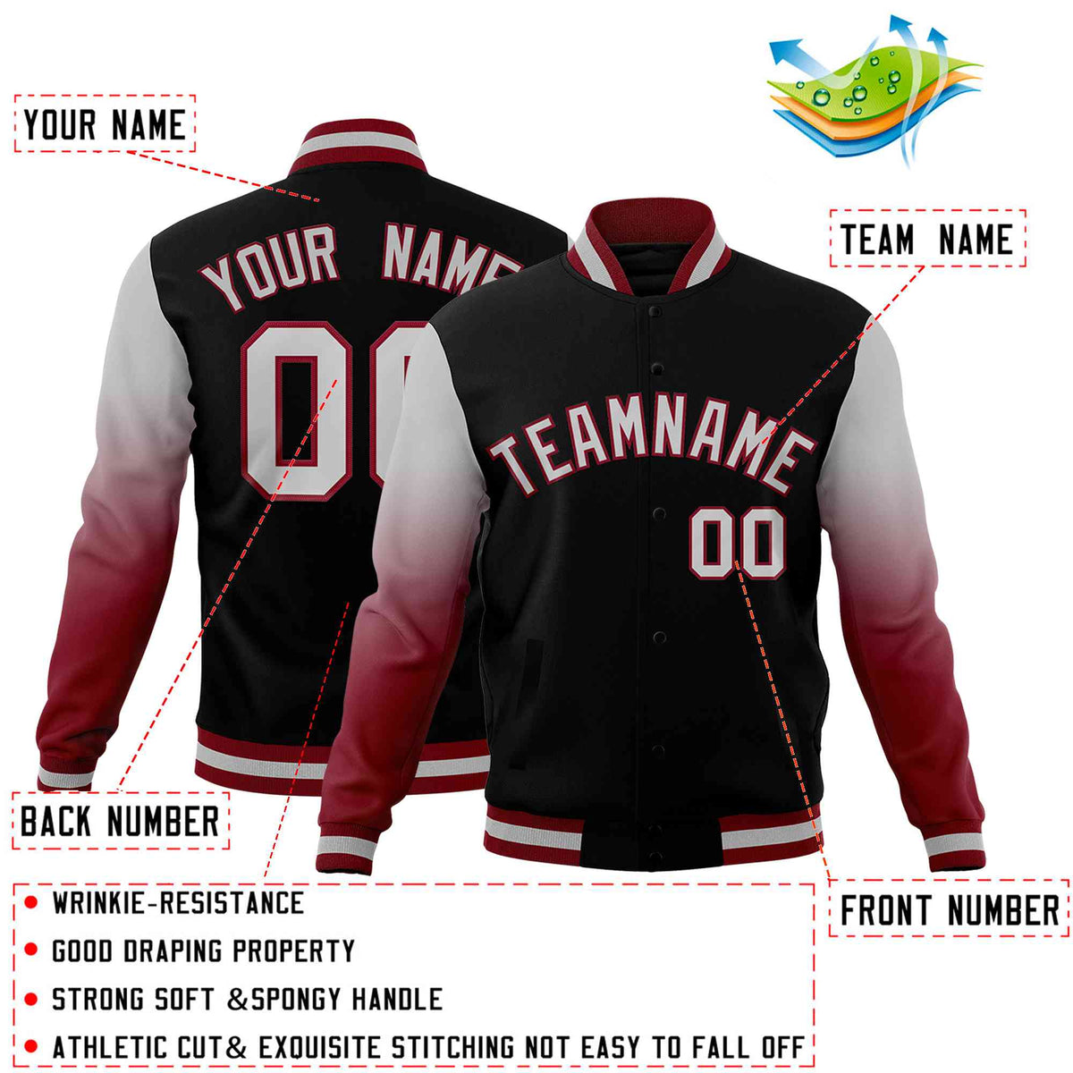 Custom Black Gray Crimson Full-Snap Varsity Raglan Sleeves Gradient Letterman Jacket