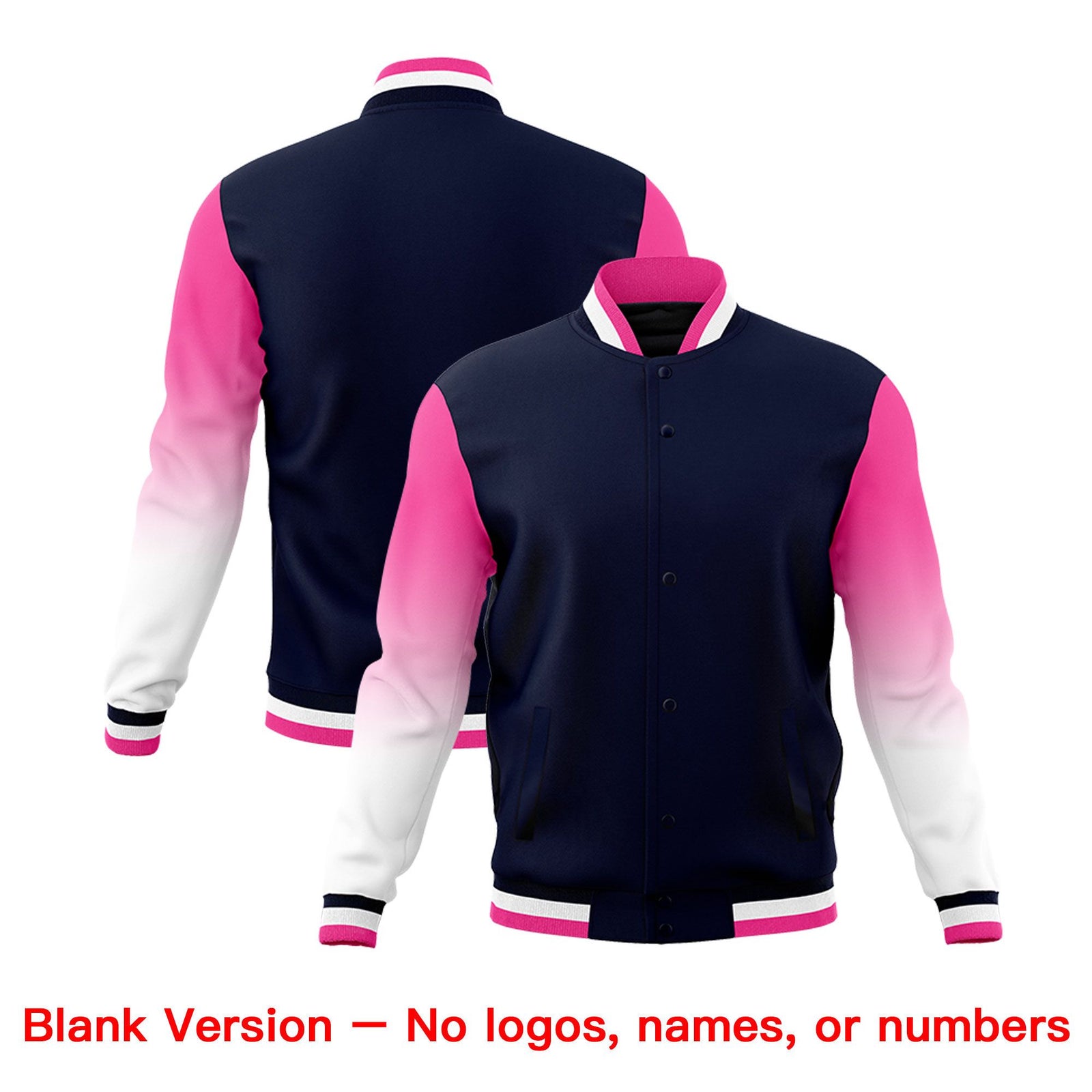 Custom Navy Pink White Full-Snap Varsity Raglan Sleeves Gradient Letterman Jacket