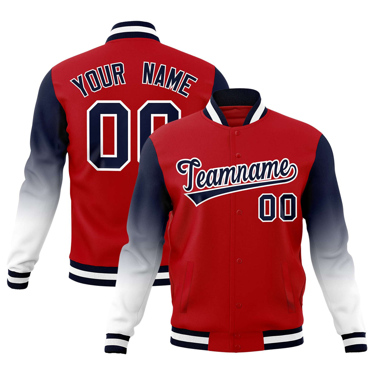 Custom Red Navy White Full-Snap Varsity Raglan Sleeves Gradient Letterman Jacket| KXKSHOP