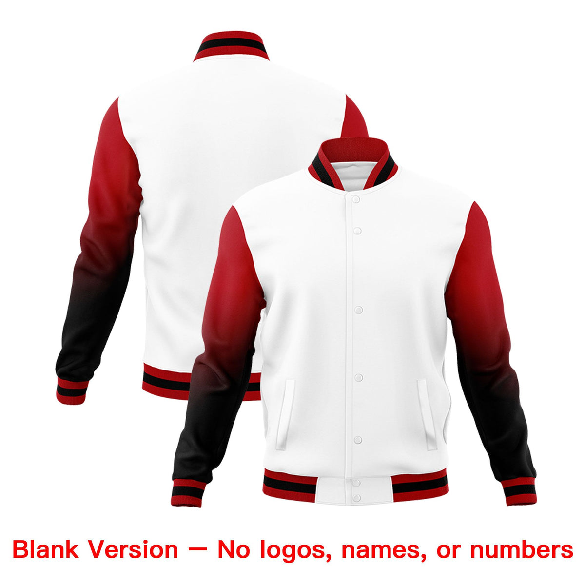 Custom White Black Red Full-Snap Varsity Raglan Sleeves Gradient Letterman Jacket| KXKSHOP