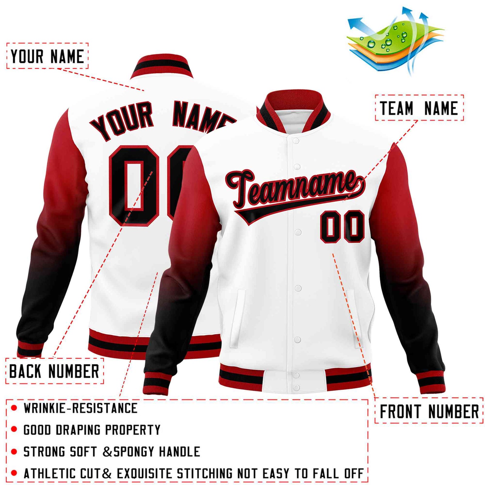Custom White Black Red Full-Snap Varsity Raglan Sleeves Gradient Letterman Jacket| KXKSHOP