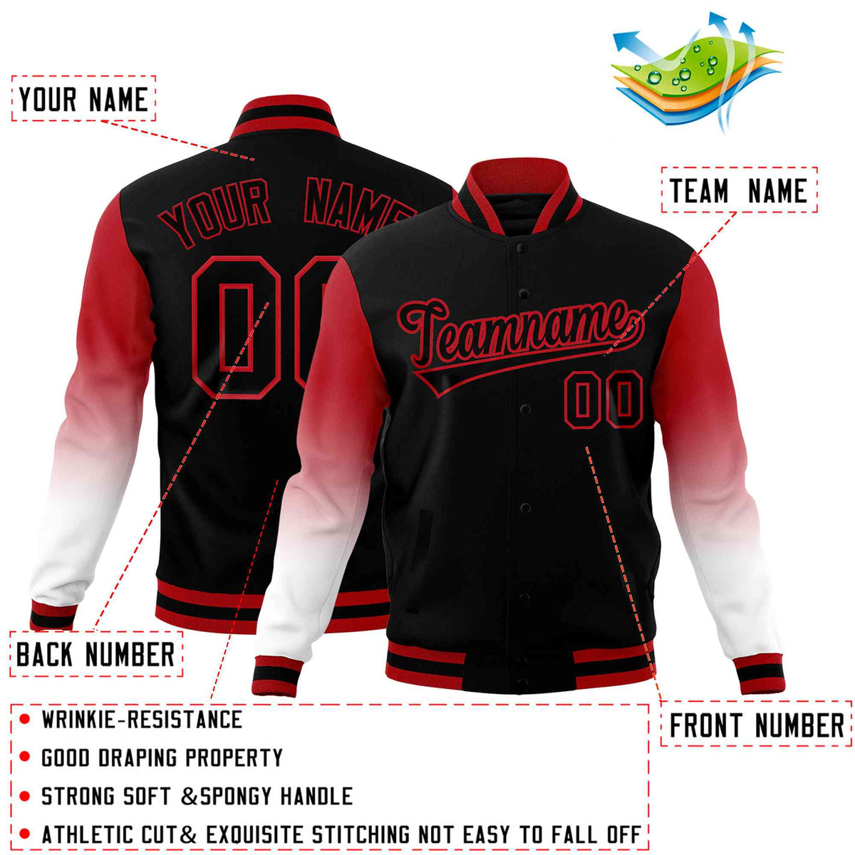 Custom Black White Red Full-Snap Varsity Raglan Sleeves Gradient Letterman Jacket| KXKSHOP