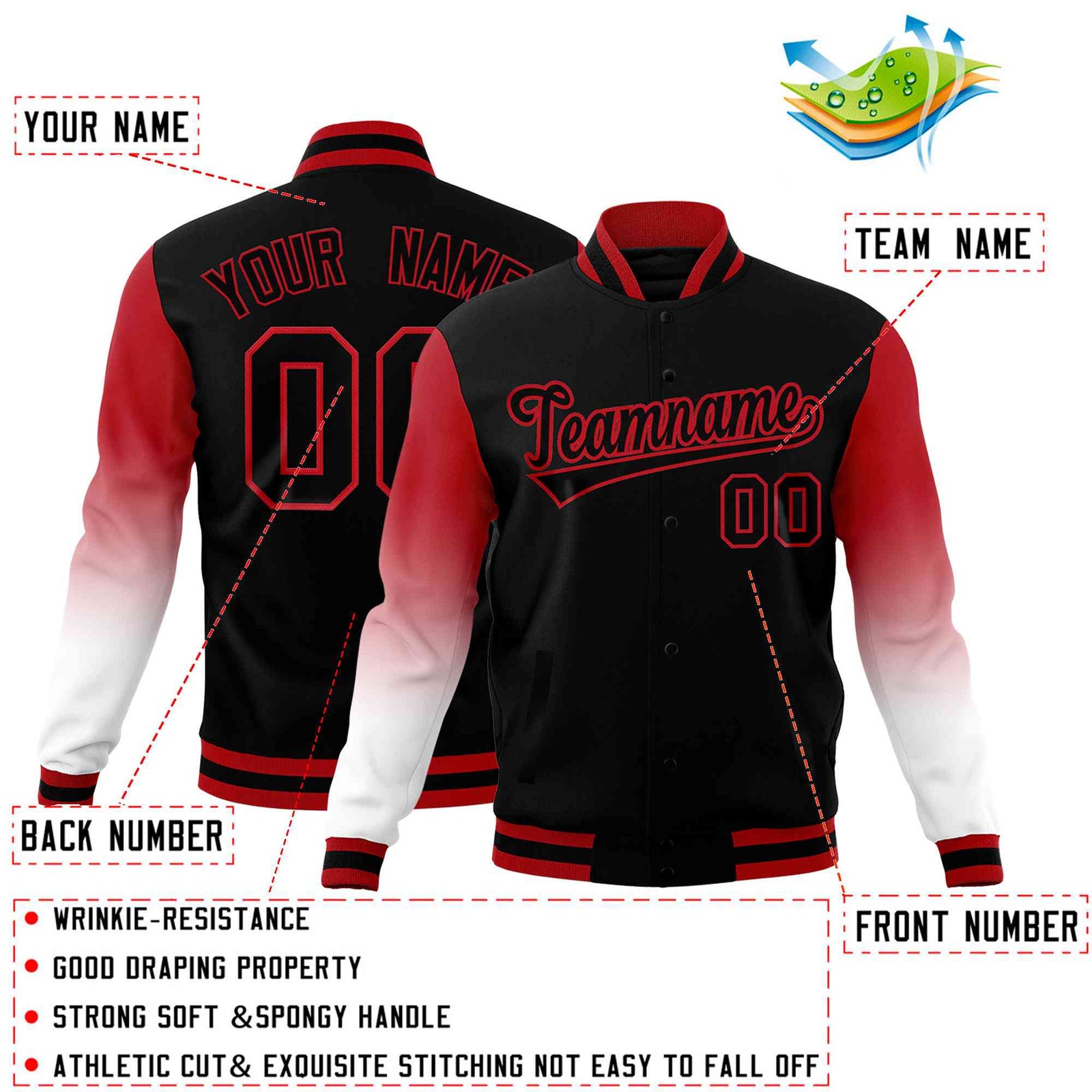 Custom Black White Red Full-Snap Varsity Raglan Sleeves Gradient Letterman Jacket| KXKSHOP