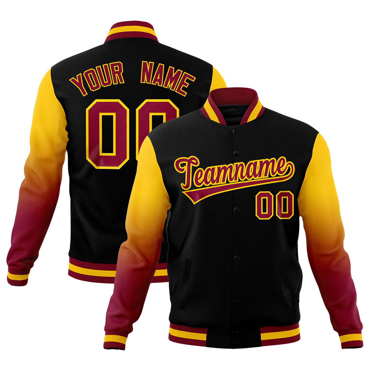 Custom Black Crimson Gold Full-Snap Varsity Raglan Sleeves Gradient Letterman Jacket| KXKSHOP