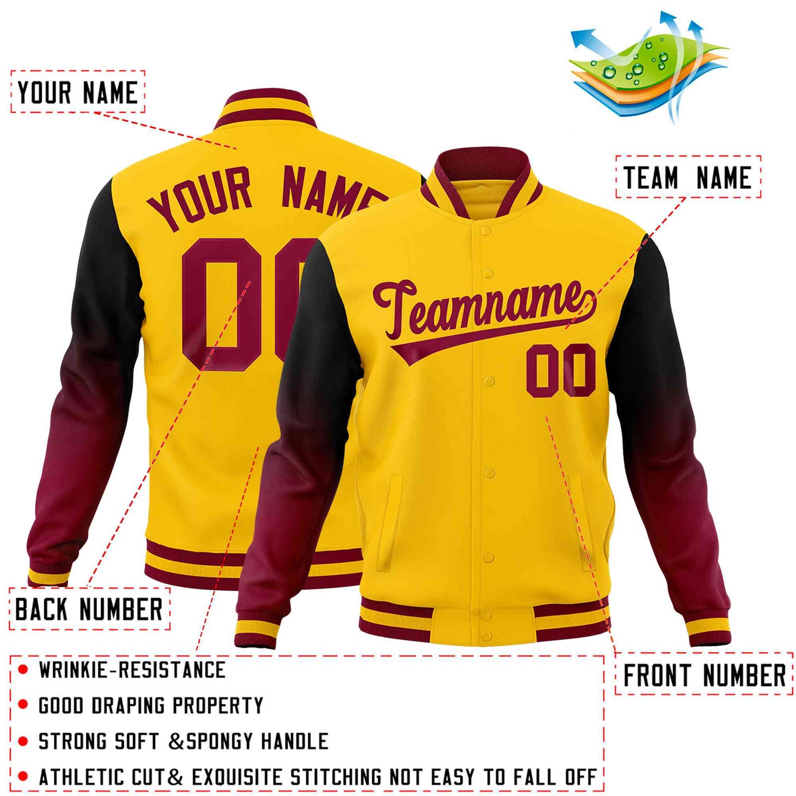 Custom Gold Black Crimson Full-Snap Varsity Raglan Sleeves Gradient Letterman Jacket| KXKSHOP