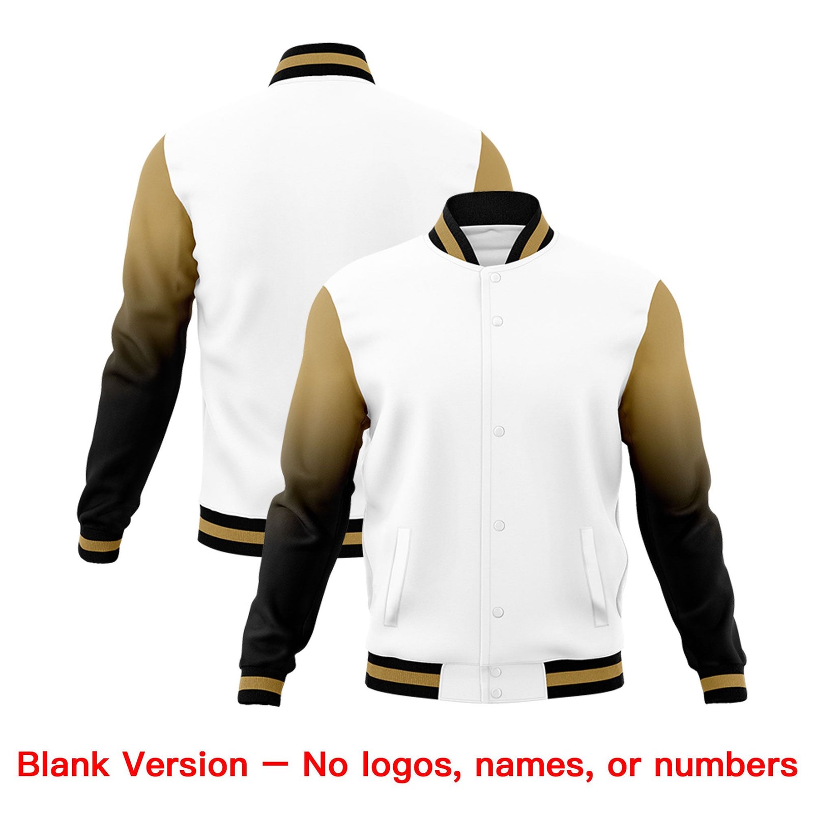 Custom White Black Old Gold Full-Snap Varsity Raglan Sleeves Gradient Letterman Jacket| KXKSHOP