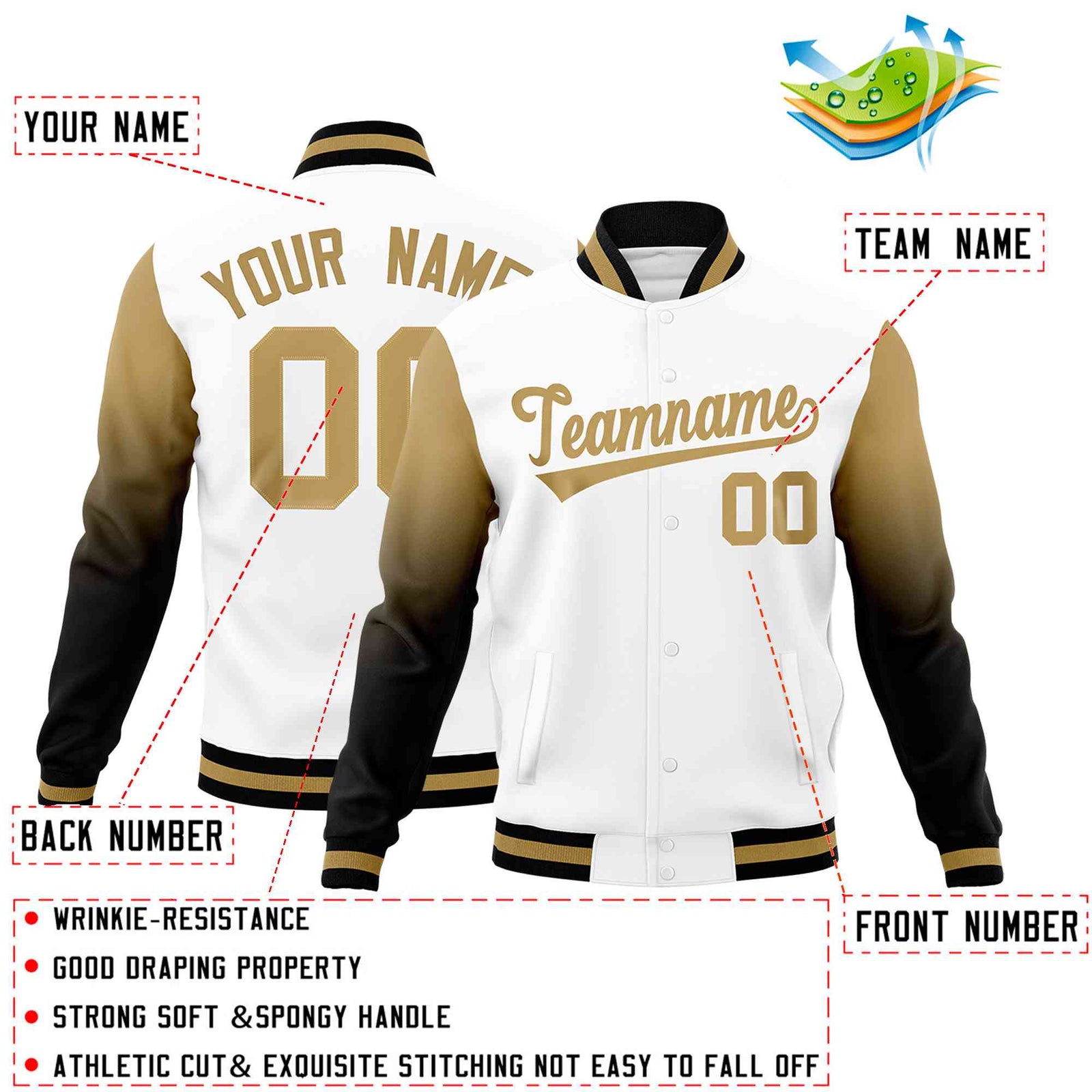 Custom White Black Old Gold Full-Snap Varsity Raglan Sleeves Gradient Letterman Jacket| KXKSHOP