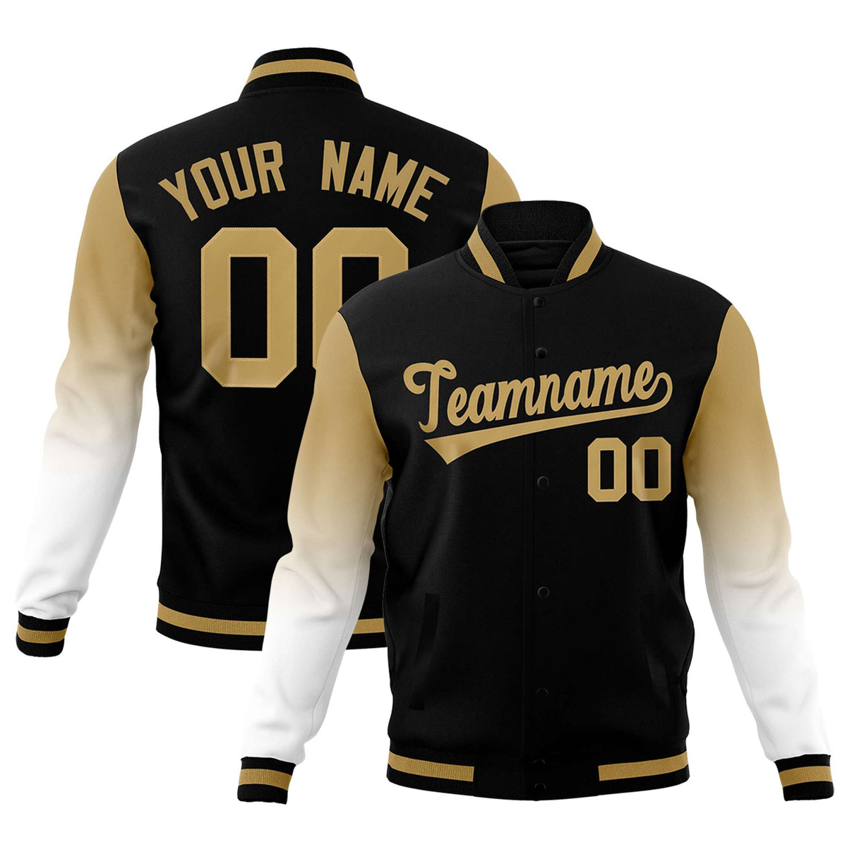 Custom Black White Old Gold Full-Snap Varsity Raglan Sleeves Gradient Letterman Jacket| KXKSHOP