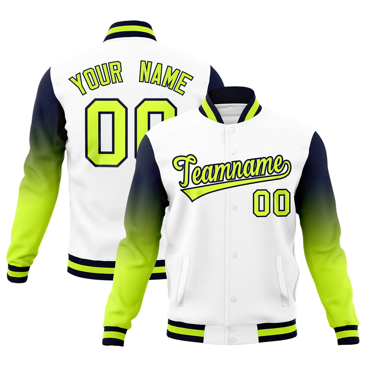 Custom White Neon Green Navy Full-Snap Varsity Raglan Sleeves Gradient Letterman Jacket| KXKSHOP
