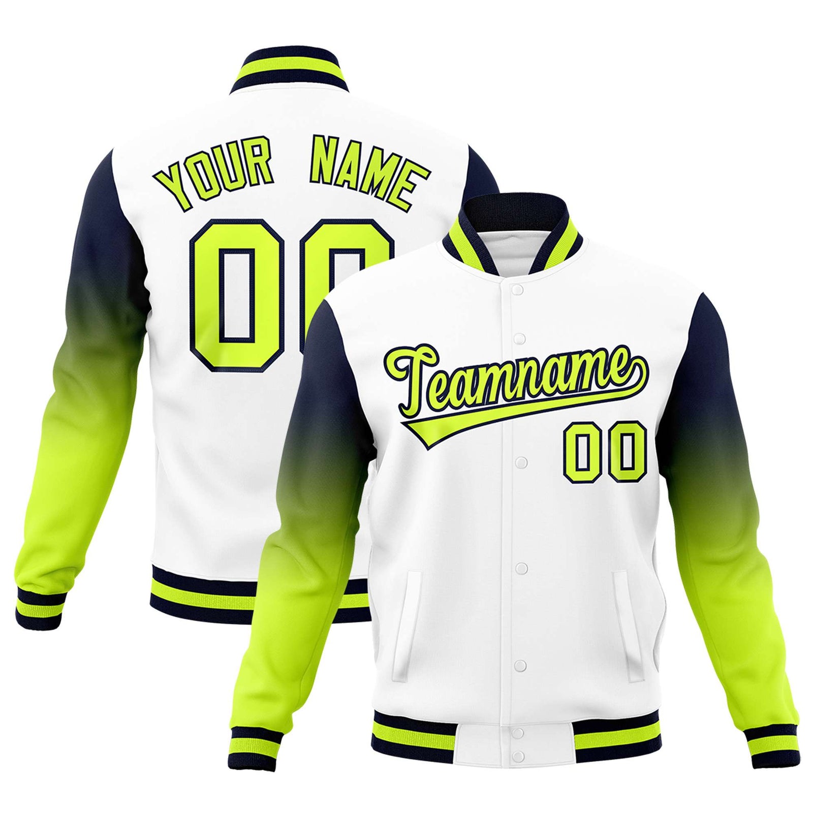 Custom White Neon Green Navy Full-Snap Varsity Raglan Sleeves Gradient Letterman Jacket| KXKSHOP
