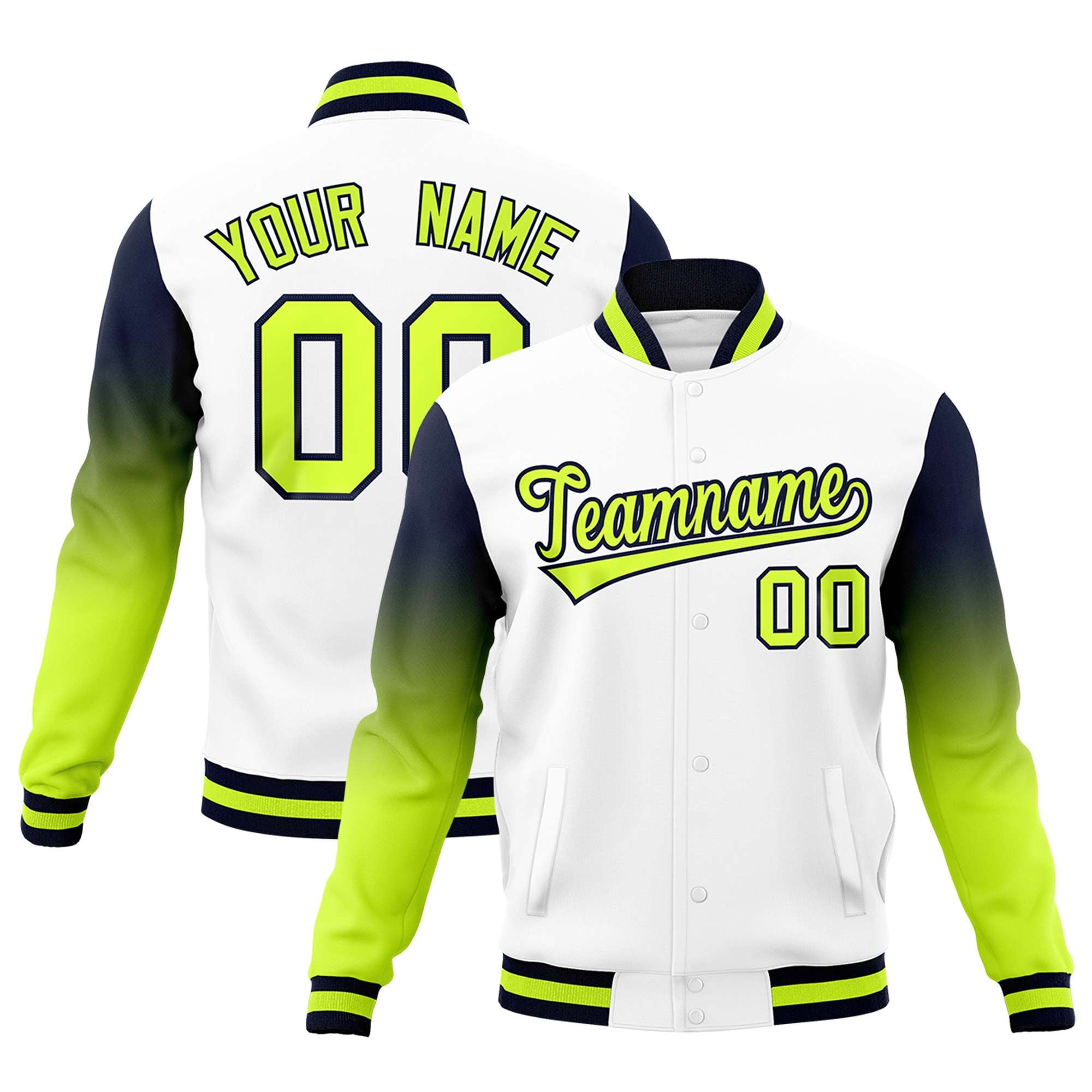 Custom White Neon Green Navy Full-Snap Varsity Raglan Sleeves Gradient Letterman Jacket| KXKSHOP