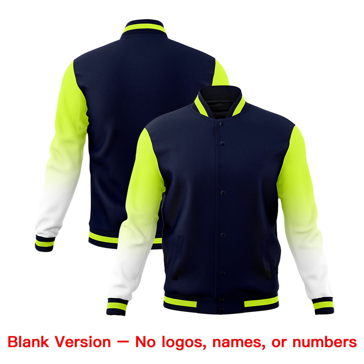 Custom Navy White Neon Green Full-Snap Varsity Raglan Sleeves Gradient Letterman Jacket| KXKSHOP