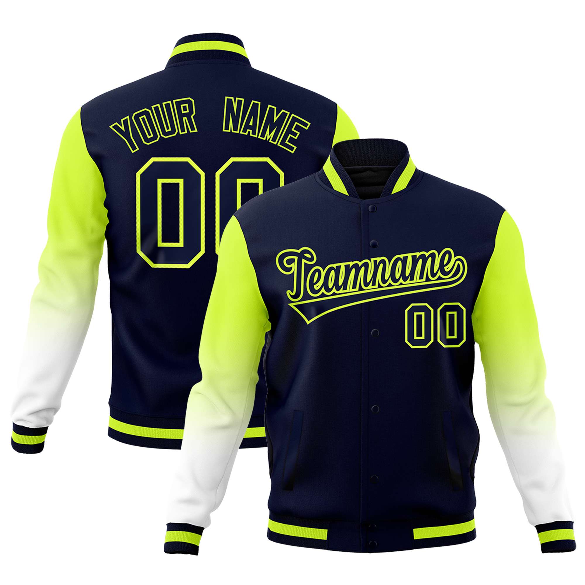 Custom Navy White Neon Green Full-Snap Varsity Raglan Sleeves Gradient Letterman Jacket| KXKSHOP
