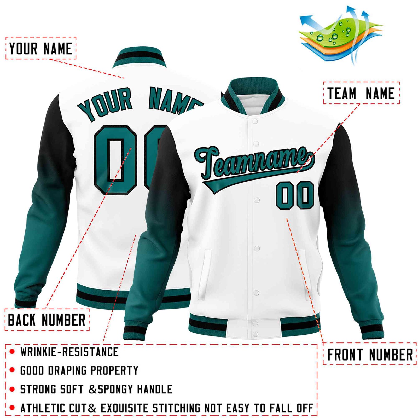 Custom White Teal Black Full-Snap Varsity Raglan Sleeves Gradient Letterman Jacket| KXKSHOP