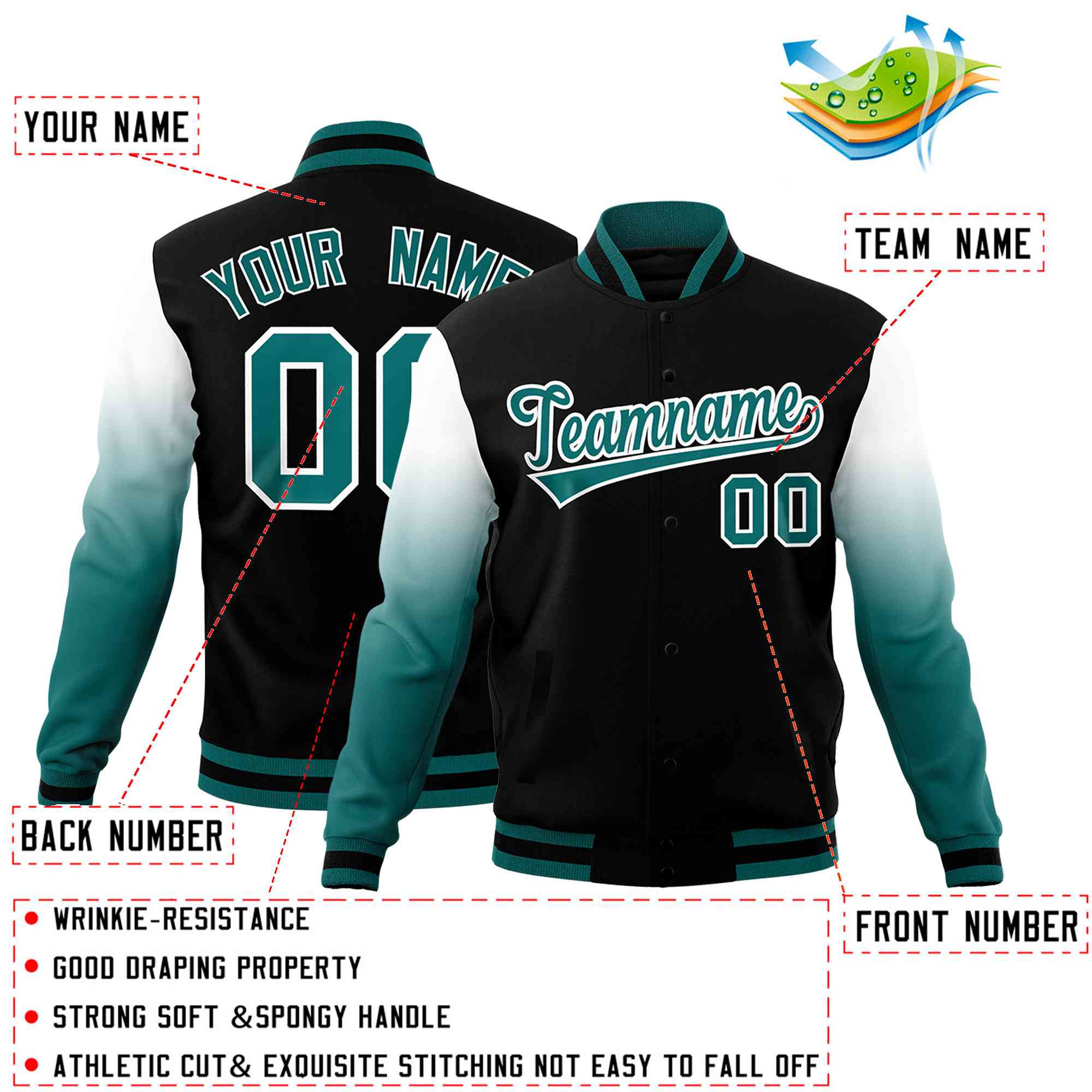Custom Black Teal White Full-Snap Varsity Raglan Sleeves Gradient Letterman Jacket| KXKSHOP