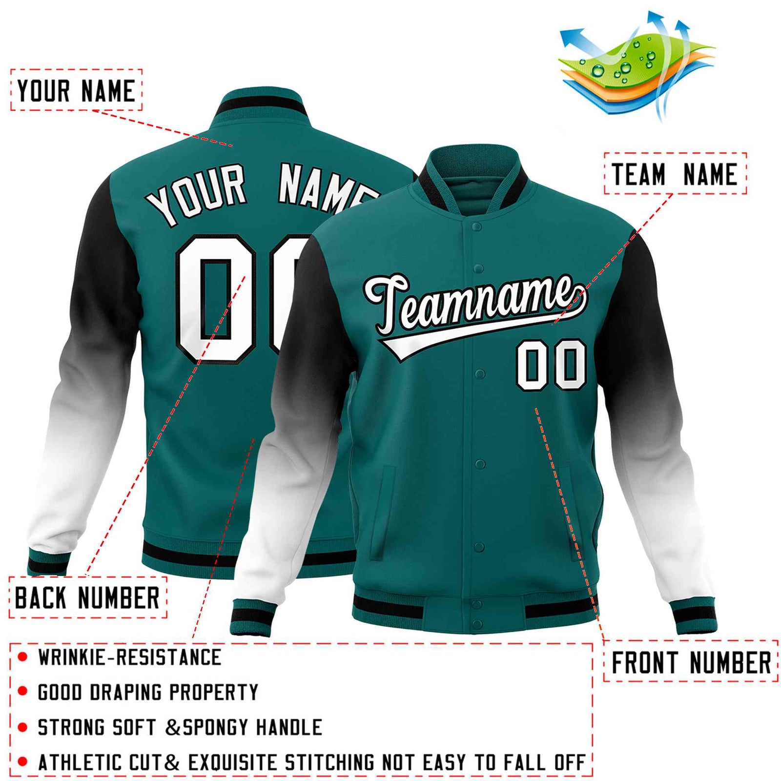 Custom Teal White Black Full-Snap Varsity Raglan Sleeves Gradient Letterman Jacket| KXKSHOP