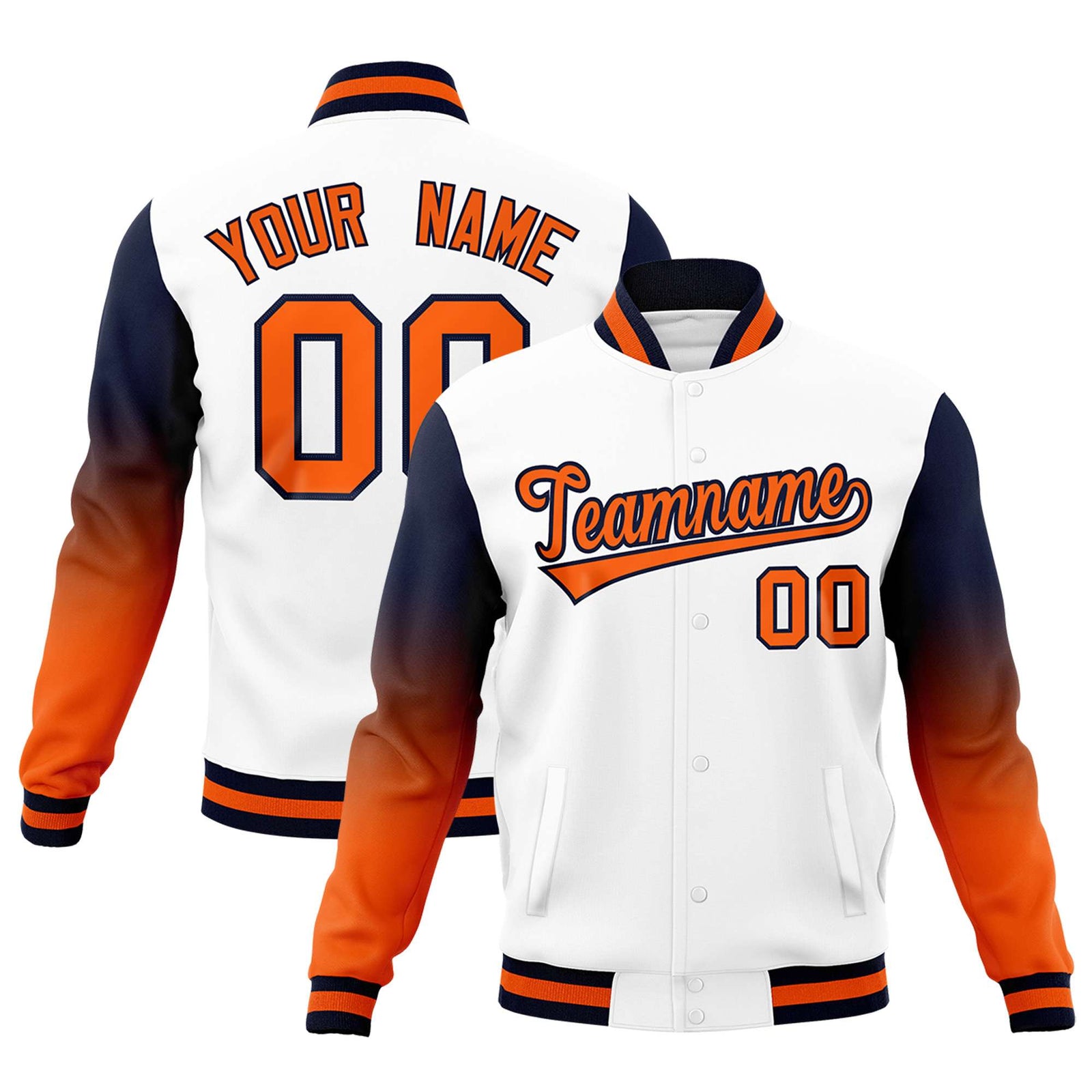 Custom White Orange Navy Full-Snap Varsity Raglan Sleeves Gradient Letterman Jacket| KXKSHOP