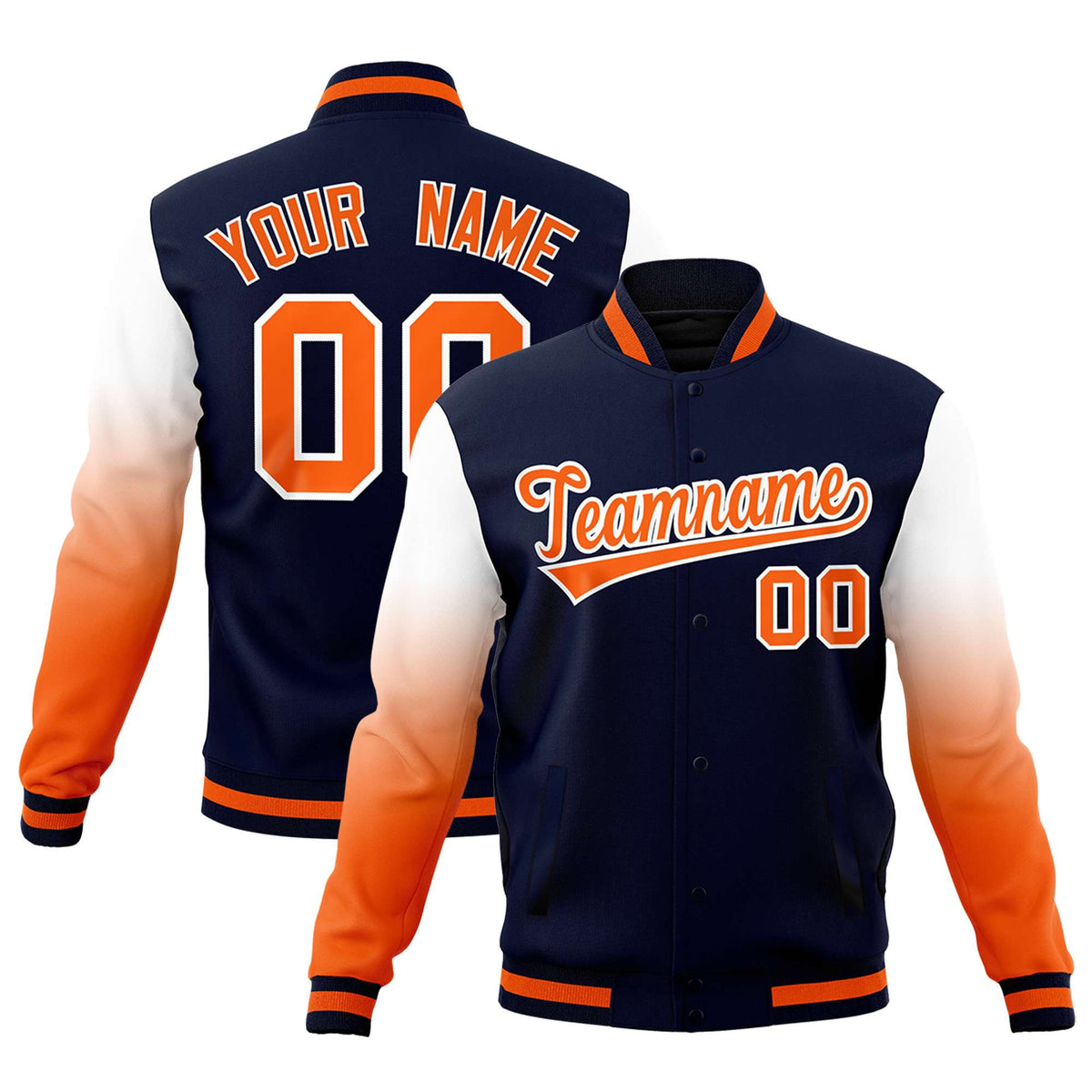 Custom Navy Orange White Full-Snap Varsity Raglan Sleeves Gradient Letterman Jacket| KXKSHOP