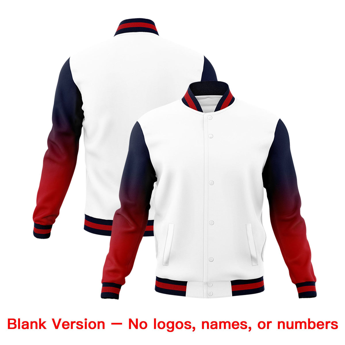 Custom White Red Black Full-Snap Varsity Raglan Sleeves Gradient Letterman Jacket| KXKSHOP