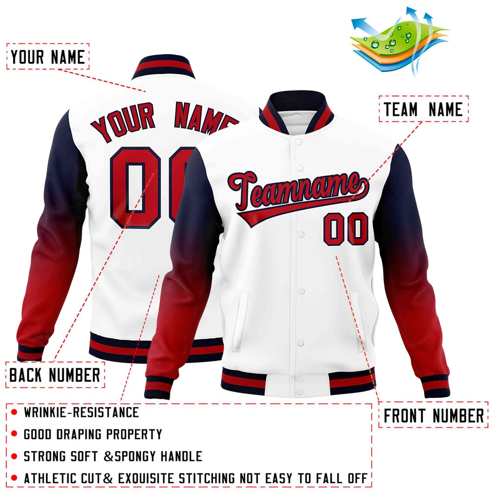 Custom White Red Black Full-Snap Varsity Raglan Sleeves Gradient Letterman Jacket| KXKSHOP