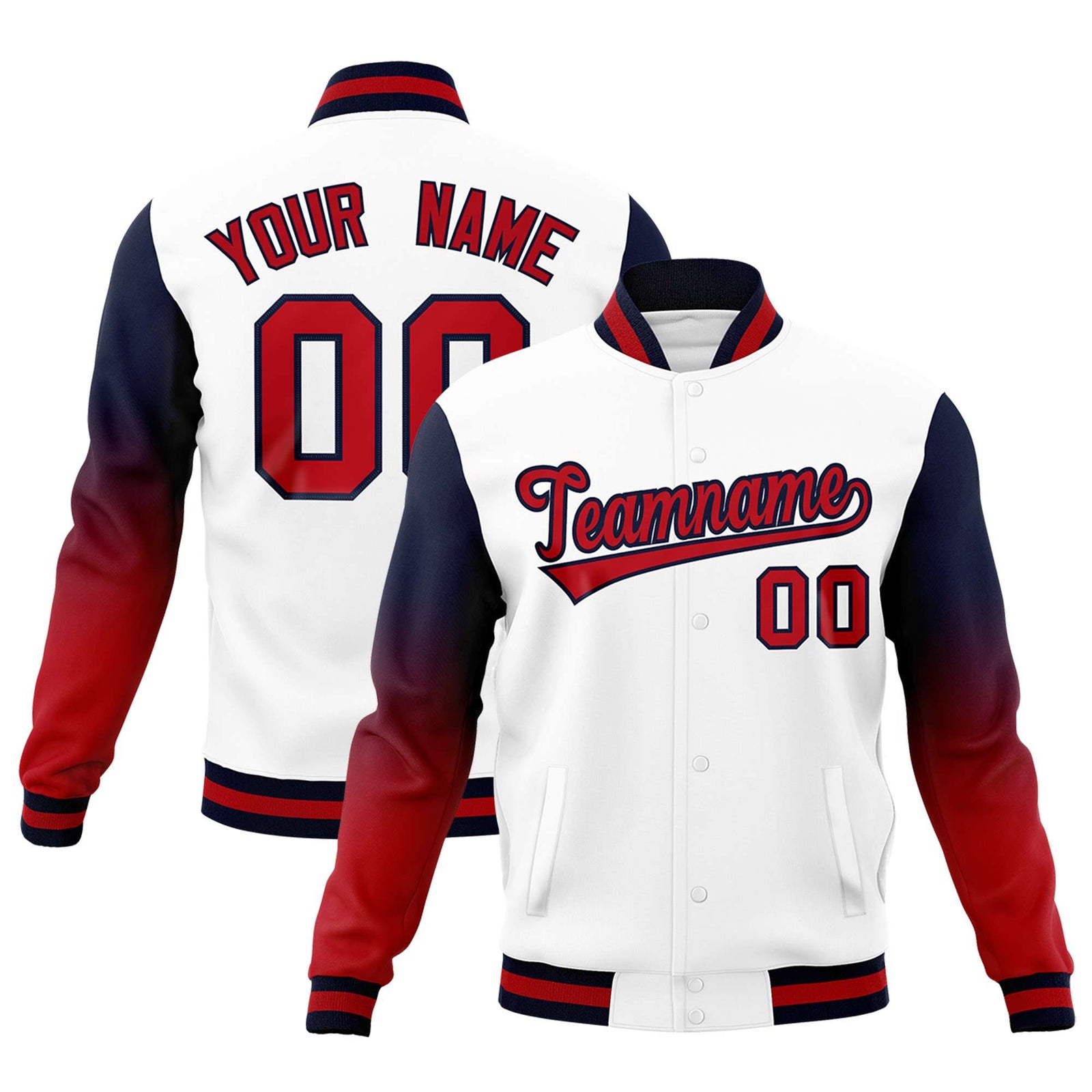 Custom White Red Black Full-Snap Varsity Raglan Sleeves Gradient Letterman Jacket| KXKSHOP