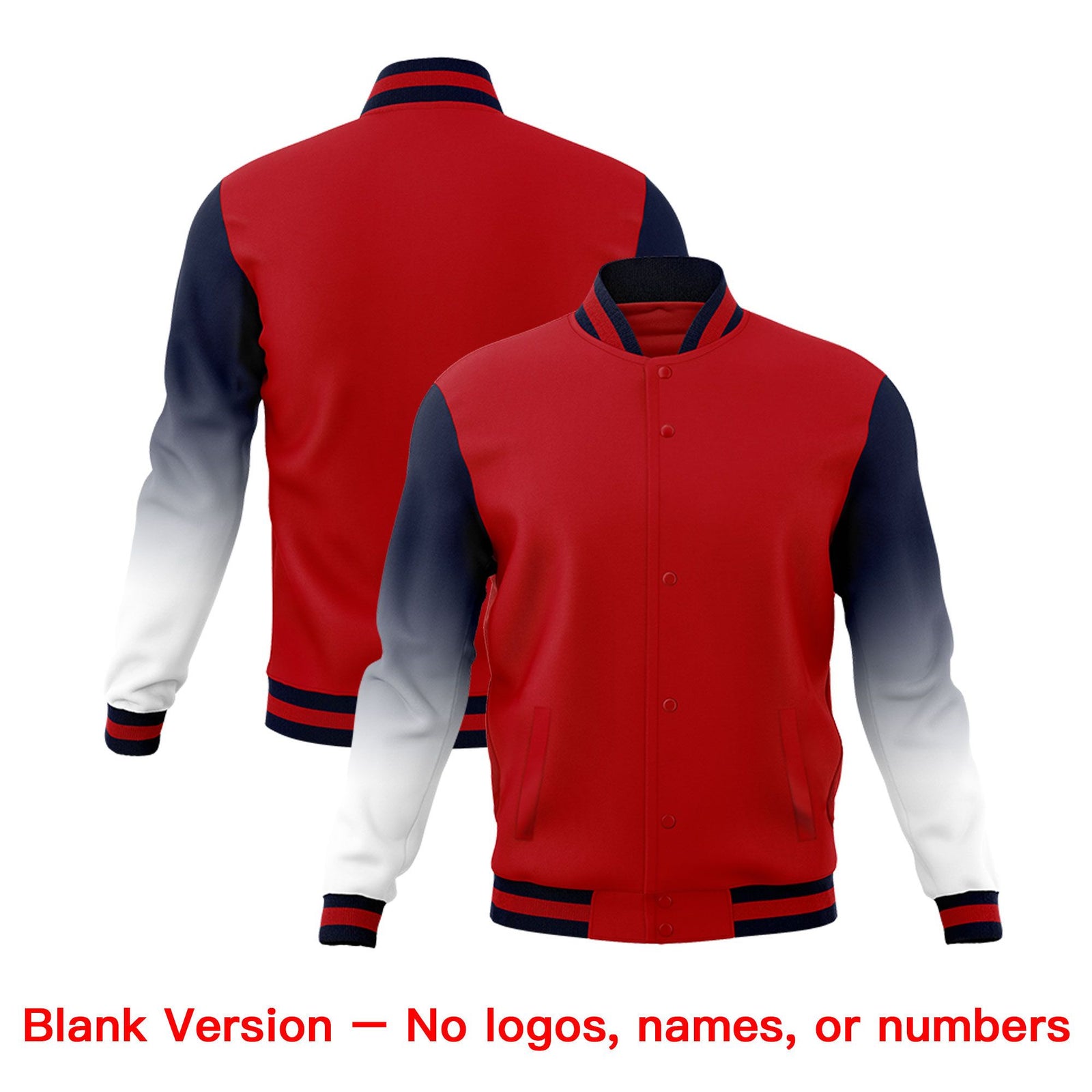 Custom Red White Navy Full-Snap Varsity Raglan Sleeves Gradient Letterman Jacket| KXKSHOP