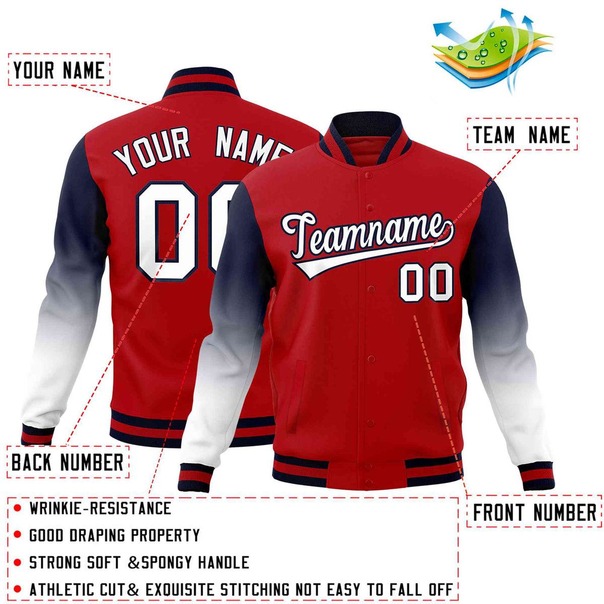 Custom Red White Navy Full-Snap Varsity Raglan Sleeves Gradient Letterman Jacket| KXKSHOP