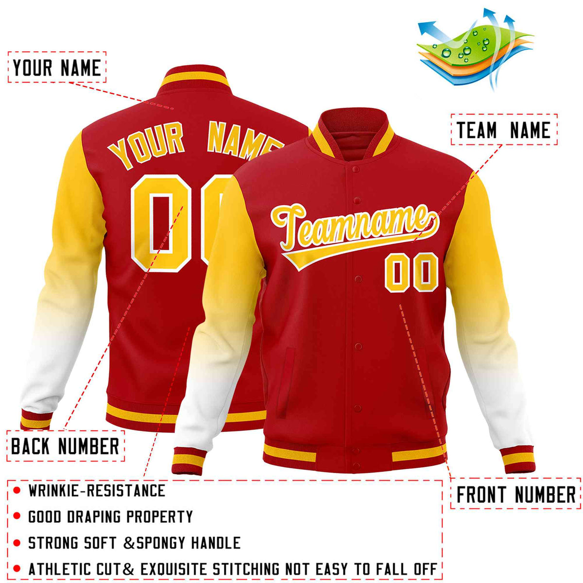 Custom Red Gold White Full-Snap Varsity Raglan Sleeves Gradient Letterman Jacket| KXKSHOP